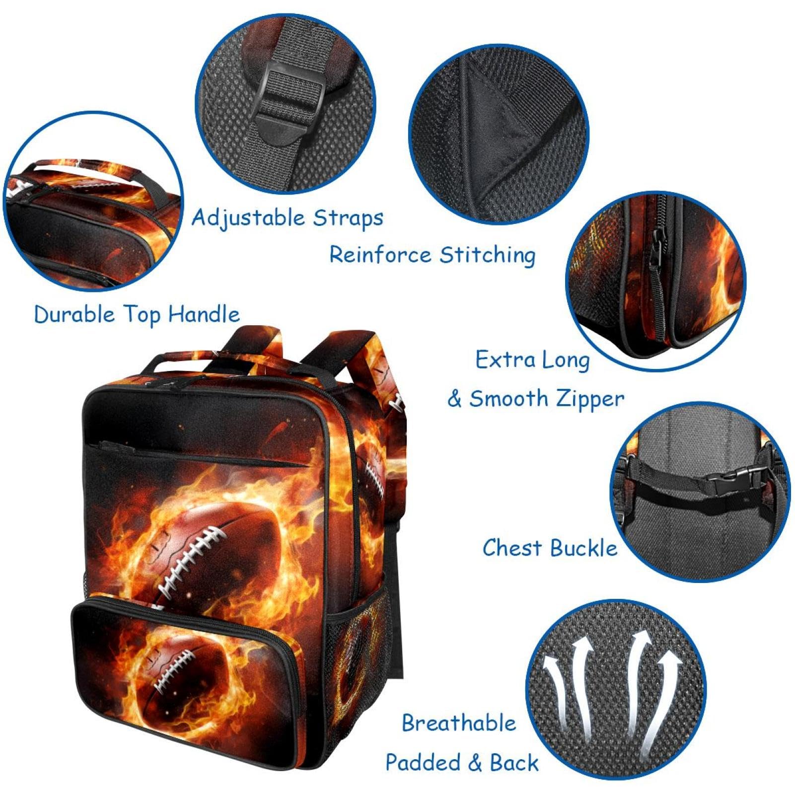 Stylish Travel Backpacks for Women & Men - Durable American Football Design with Flame Pattern - Perfect for College, Hiking, Work & Gym Use