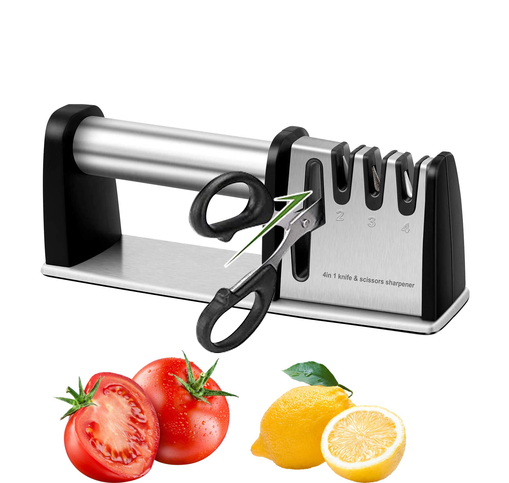 4-in-1 Professional Knife Sharpener - Upgraded 4 Stage Manual Kitchen Knife & Scissor Sharpener Tool to Repair, Restore & Polish Blades - Perfect for Home Kitchen, Camping & Outdoor Cooking Accessories