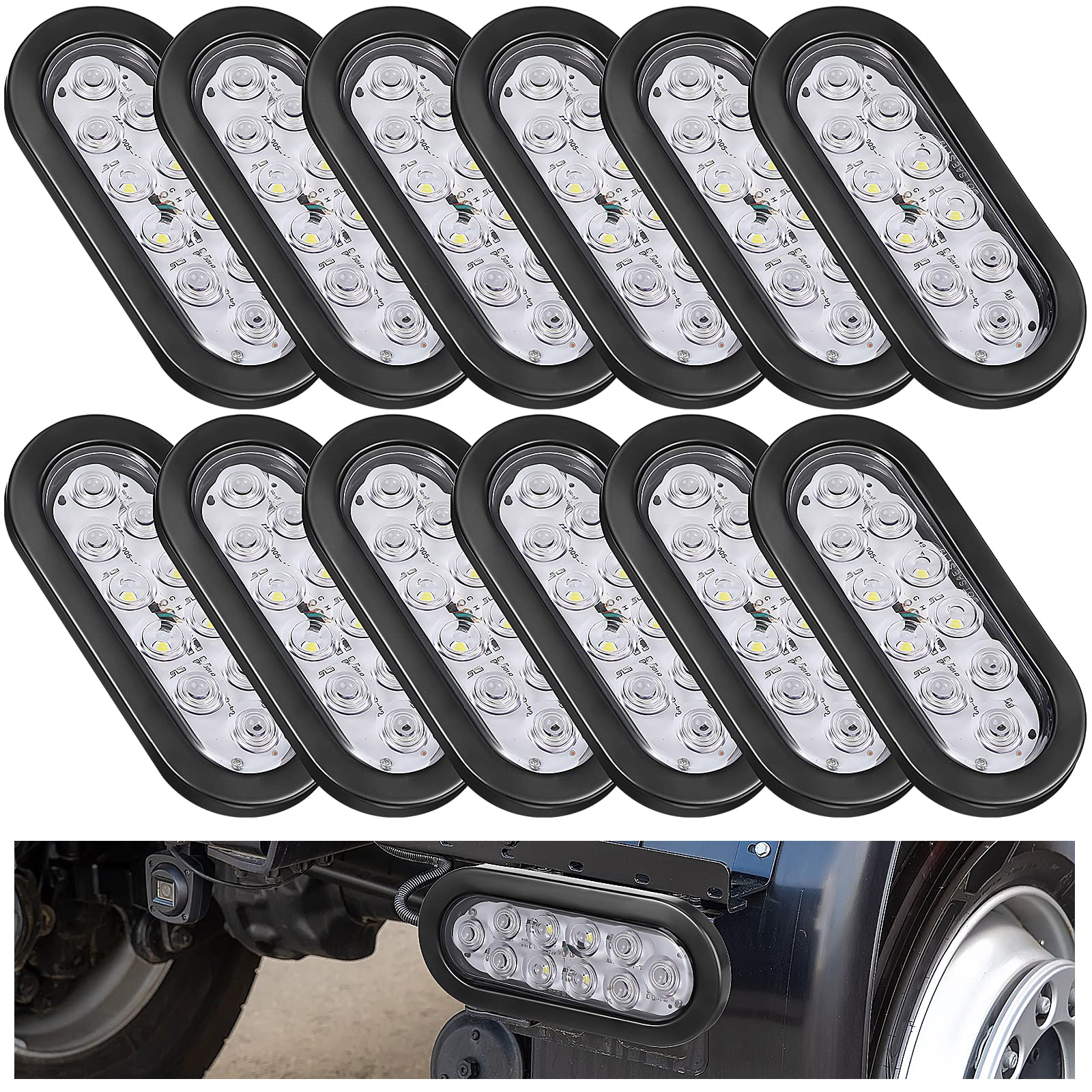 Yexiya 12 Pack Oval LED Trailer Light Kit - 10 LED Stop Reverse Turn Tail Lights with Wires & Grommet - IP67 Waterproof for Boats RVs Trucks Trailers (White) - Perfect for Marine, Camping & Heavy Duty Vehicle Lighting