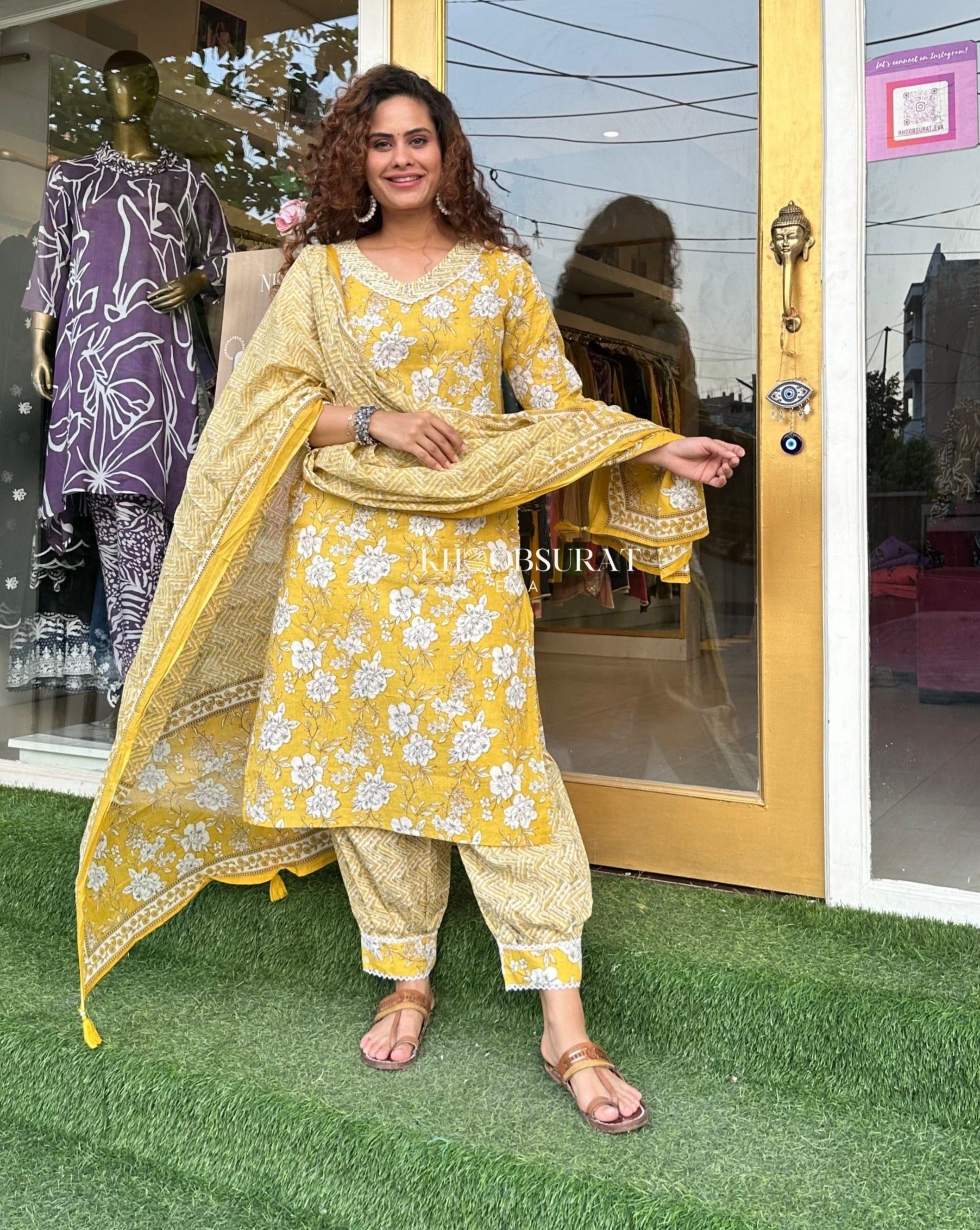 Stylish Yellow Kurti with Afghani Pants & Dupatta Set - Traditional Indian Ethnic Outfit for Women | Perfect for Festivals, Weddings & Cultural Events