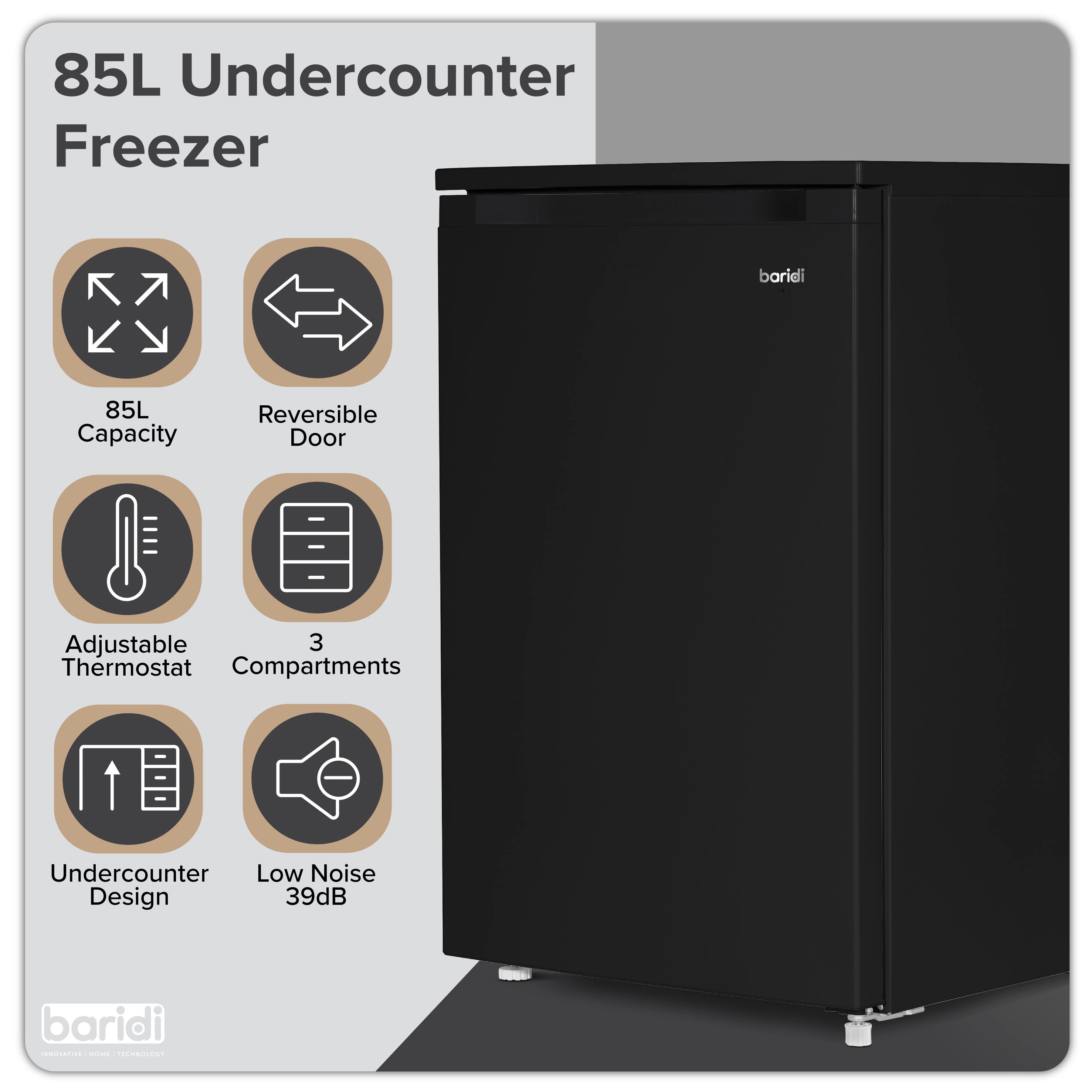 Baridi 55cm Undercounter Freezer with Adjustable Thermostat, 85L Capacity, Black (DH251) - Perfect for Kitchen, Basement, Garage & Small Spaces