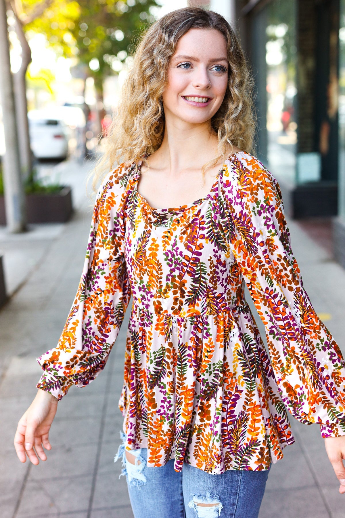 Fall in Love Taupe & Rust Floral Print Babydoll Bubble Sleeve Top | Women's Vintage Chic Blouse for Date Night & Special Occasions