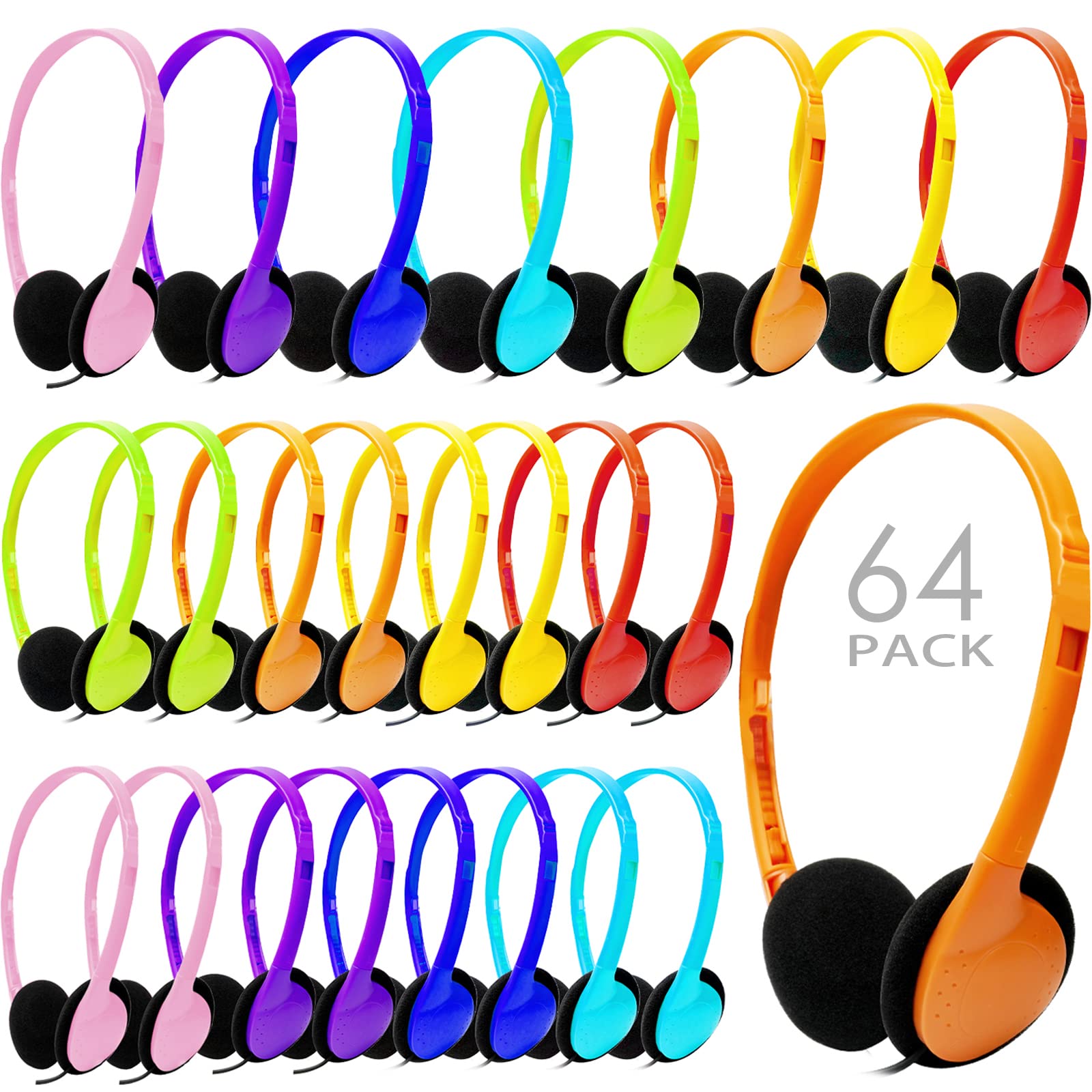 64 Pack Bulk Classroom Headphones - Multi Color School Headphones for Students, Kids, Teens & Adults | Durable Headphones for Classrooms, Libraries, Computer Labs & Online Learning
