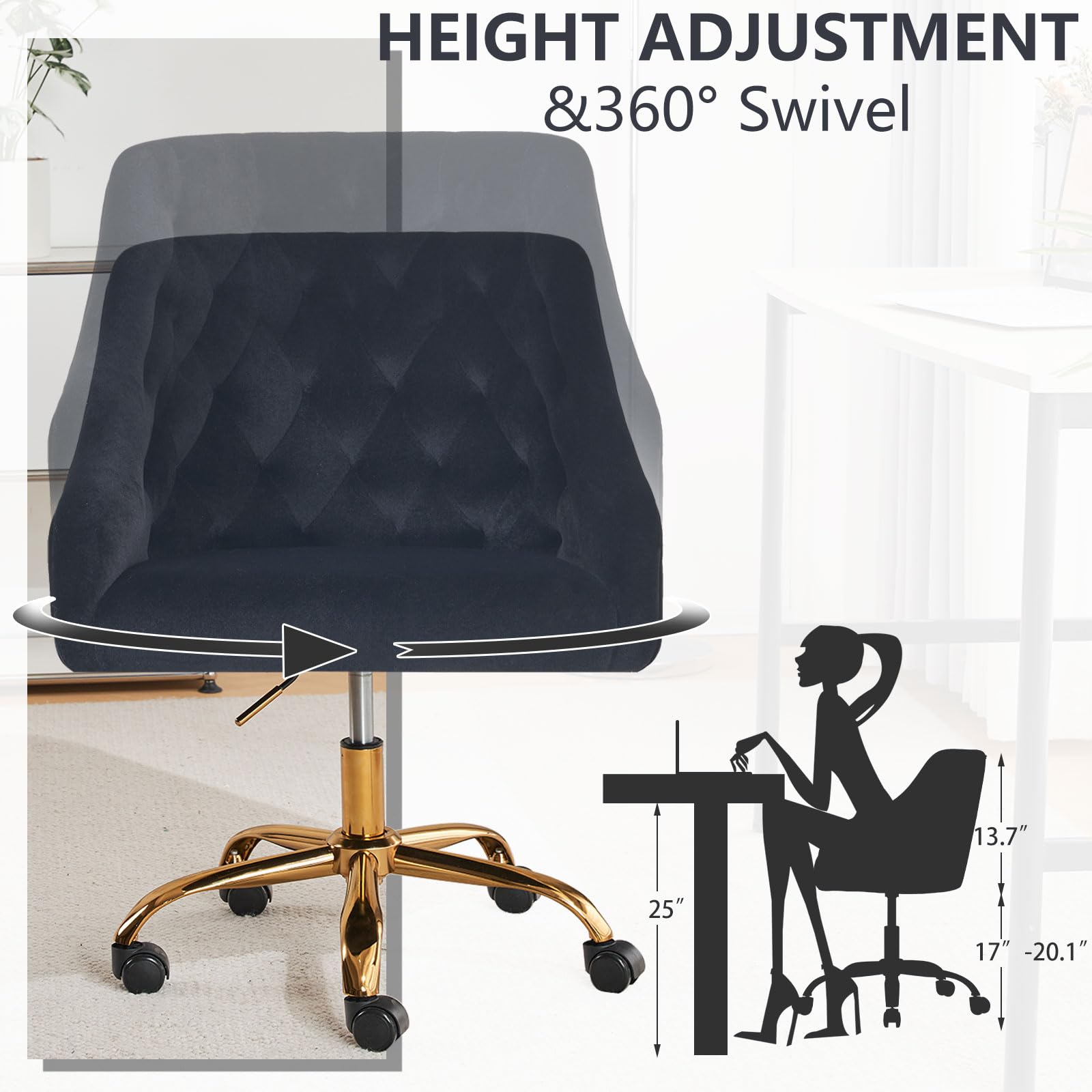 MOJAY Velvet Office Swivel Chair - Adjustable Height 360° Rotating Desk Chair with Gold Base, Luxurious Fabric Upholstery for Women's Workspace, Reception Area or Home Office (Black) - Perfect for Working, Studying & Video Conferencing