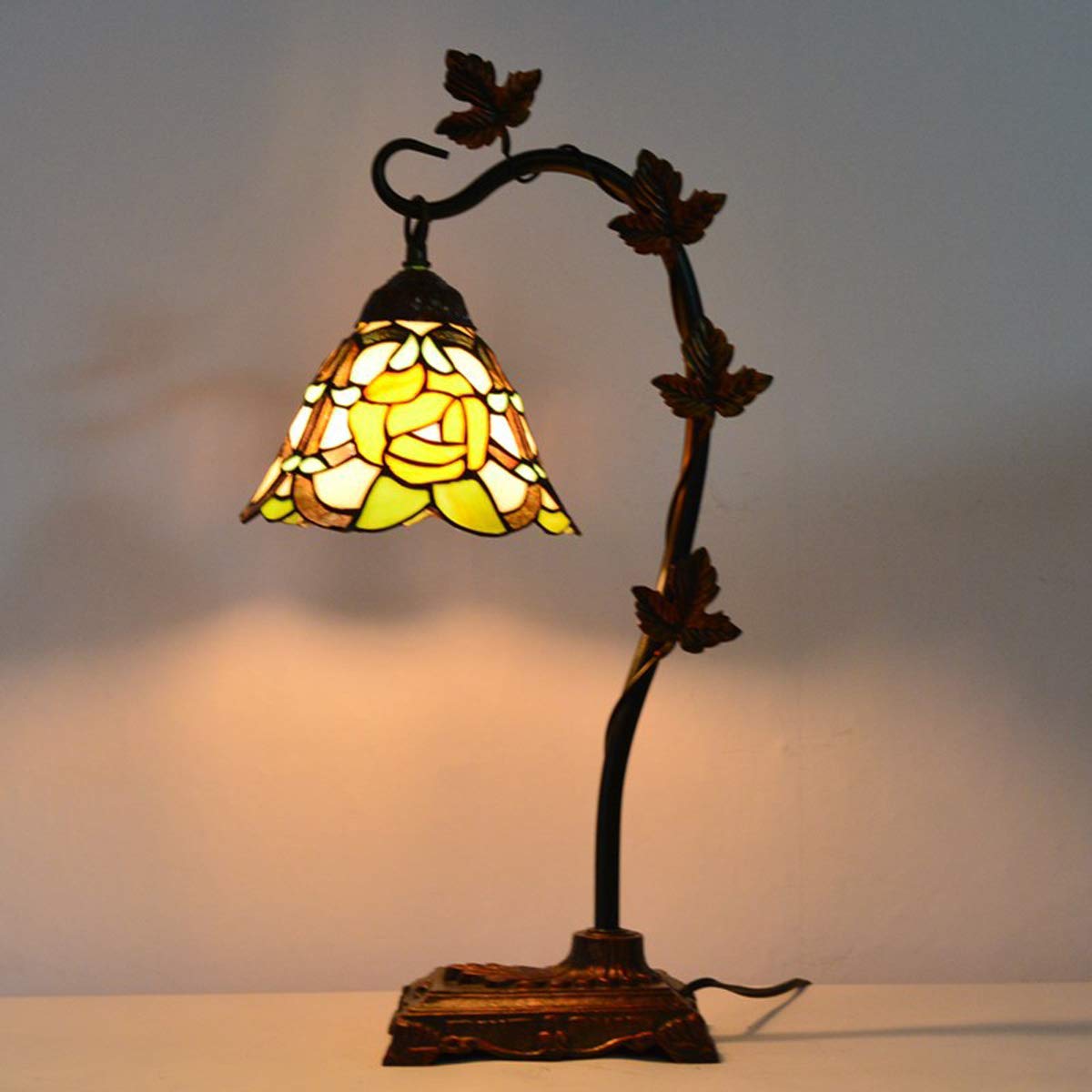 Tiffany Style Rose Table Lamp - 6-Inch Pastoral Stained Glass Desk Lamp with Gooseneck for Reading, Living Room, Bedroom, Bedside & Study | Perfect for Home Decor, Office Lighting and Cafe Ambience