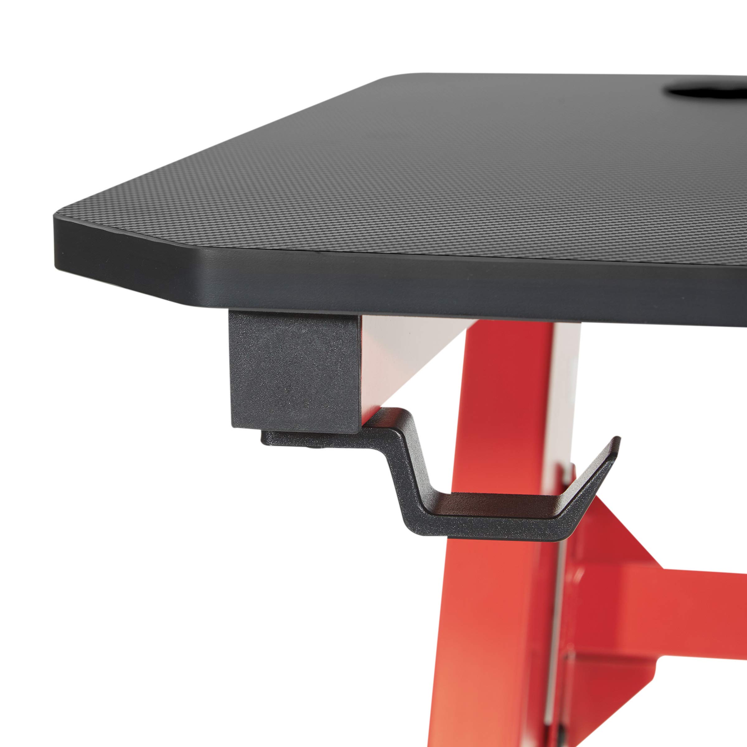 OSP Home Furnishings Ghost Battlestation Gaming Desk - Carbon Fiber Surface, Matte Black Top & Red Legs with Accessories | Perfect for PC Gaming Setup, Streaming & Home Office Workspace
