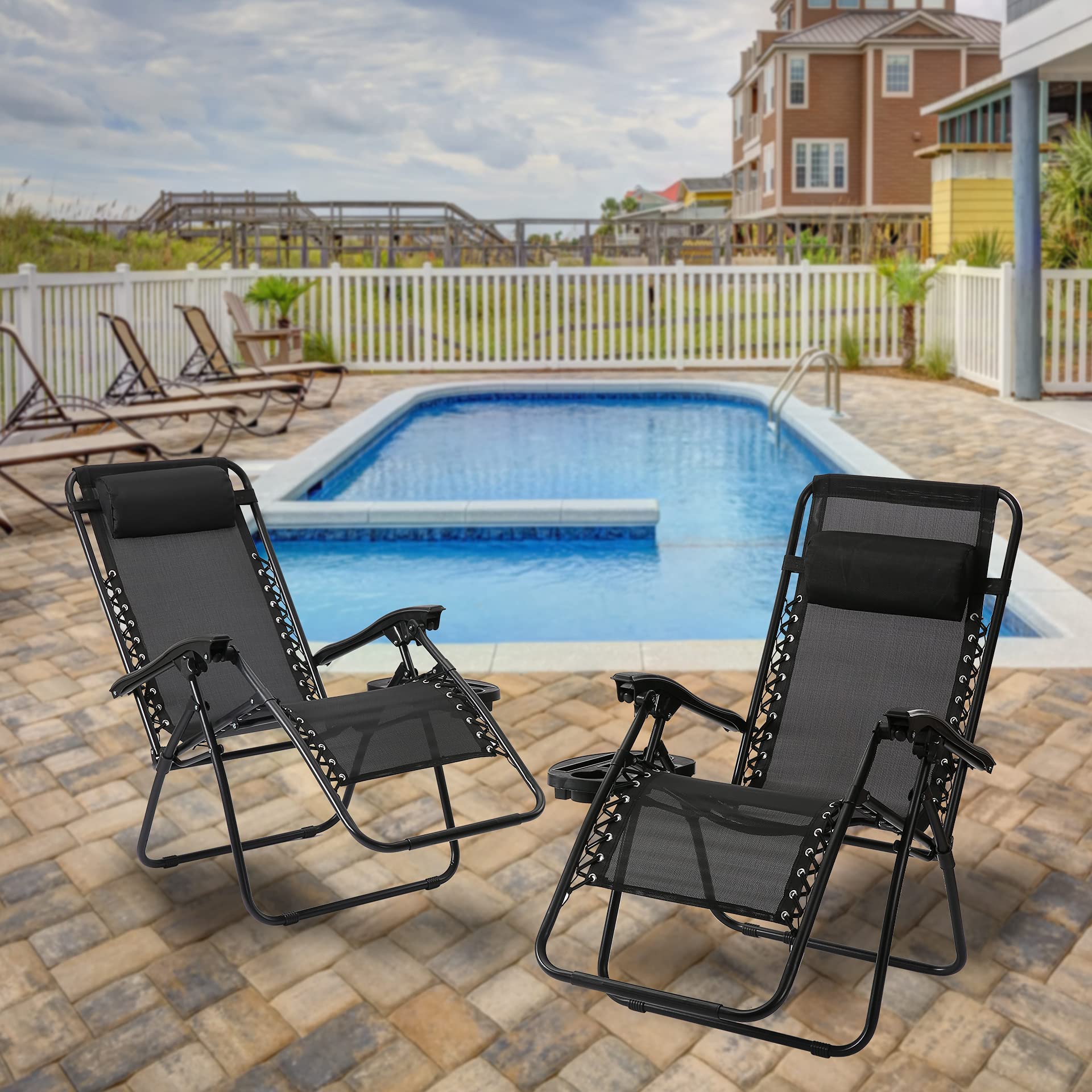 Zero Gravity Reclining Chairs Set of 2 - Adjustable Steel Mesh Lounge Chairs with Pillows & Cup Holders for Pool, Beach, Backyard, Camping - Perfect for Outdoor Relaxation, Sunbathing and Patio Lounging