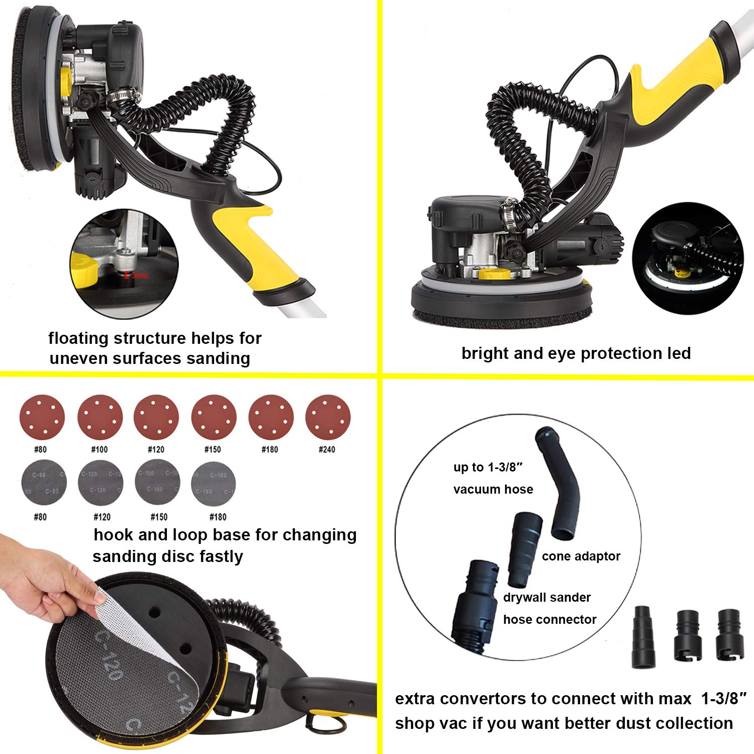 780W Electric Drywall Sander with Vacuum Dust Collection - 6.5A Dustless Floor Sander, Variable Speed 900-1800RPM, LED Light & Extendable Handle - Perfect for Drywall Repair, Home Renovation and Professional Construction Projects