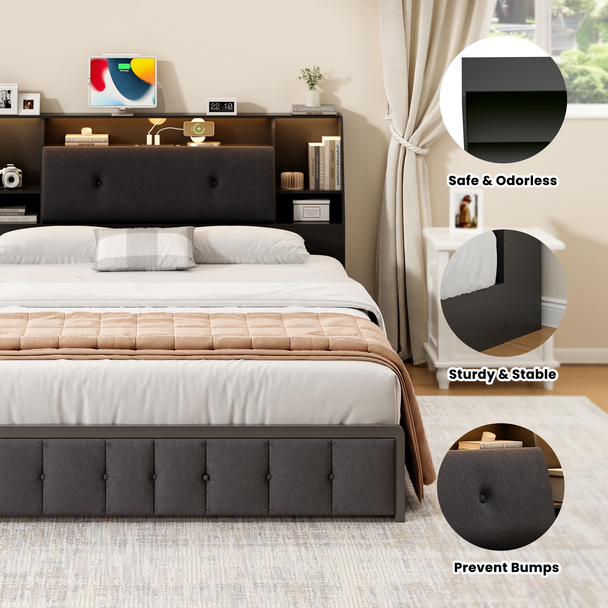 Queen Size Upholstered Headboard with Storage, USB Charging Station & 2 LED Lights - Wood Bookcase Design for Bedroom (Black, Soft Fabric) - Perfect for Master Bedrooms, Guest Rooms & Small Spaces with Limited Storage