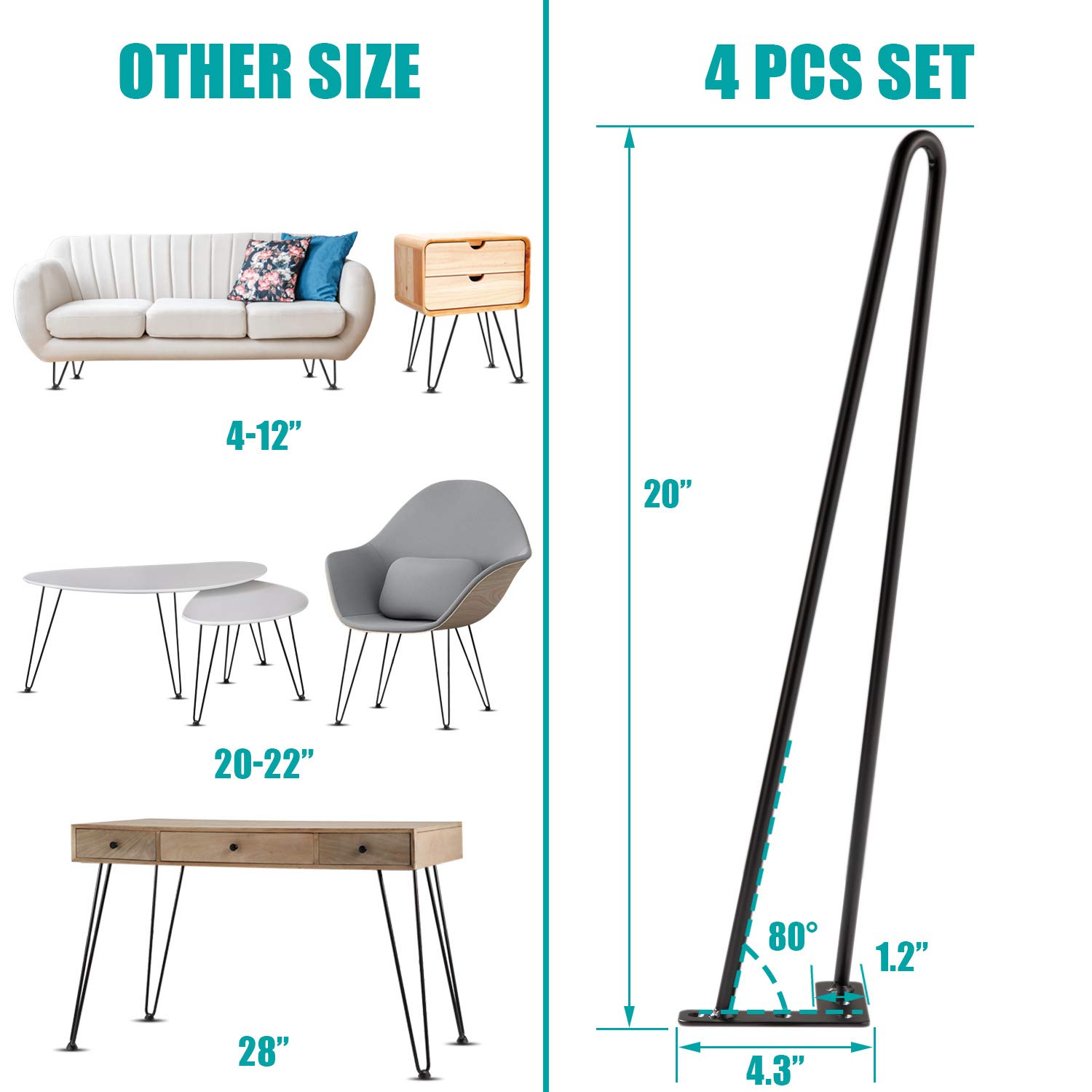MSOBAIW 20 Inch Black Hairpin Table Legs - Mid Century Modern Style Metal Furniture Legs for DIY Coffee Tables, End Tables, Benches, Chairs & Stools - 3/8