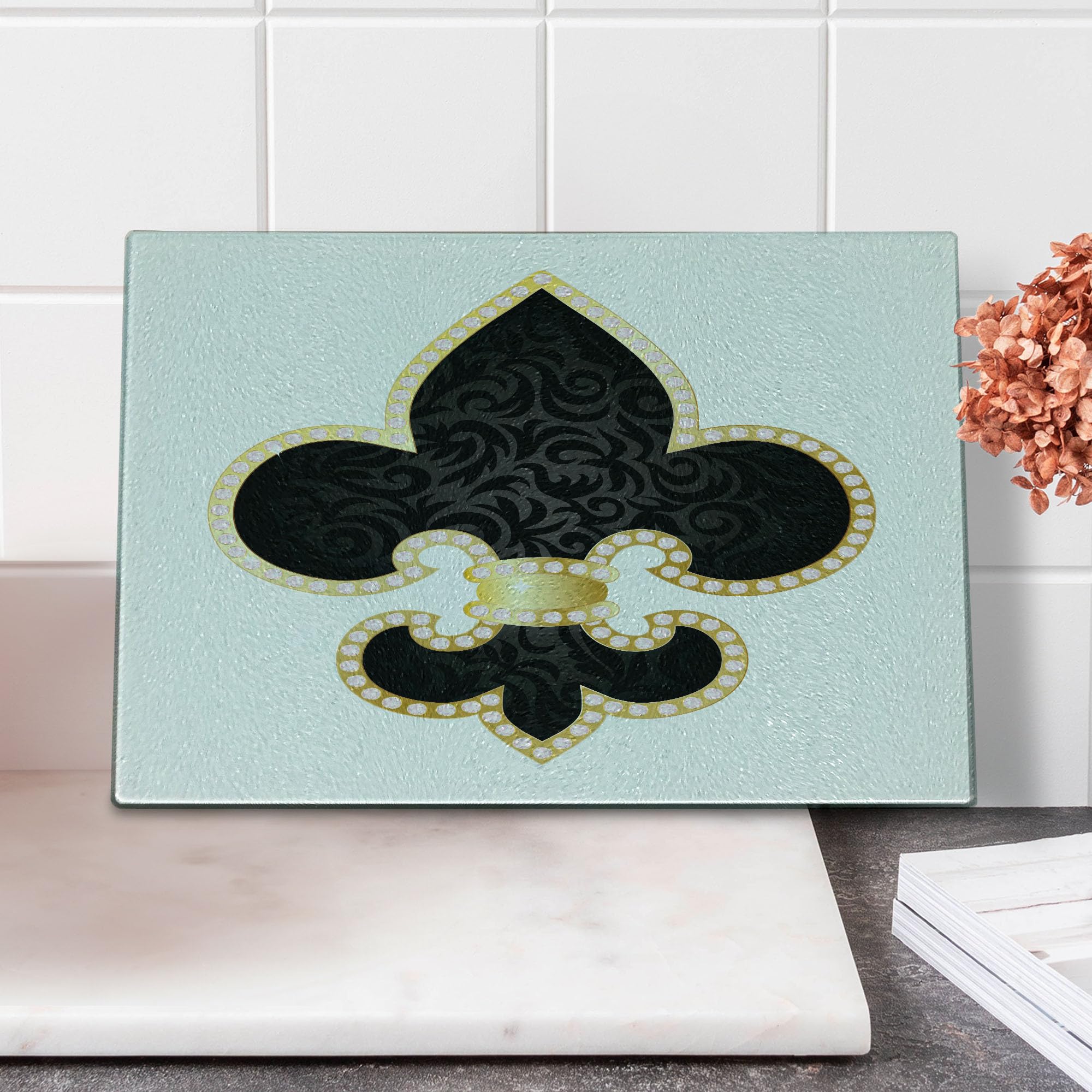 Ambesonne Fleur De Lis Tempered Glass Cutting Board - Royal Lily Throne France Empire Design - Decorative Serving Board for Cheese, Charcuterie & Appetizers - Small Size Yellow Black White - Perfect for Kitchen, Dining & Gifts
