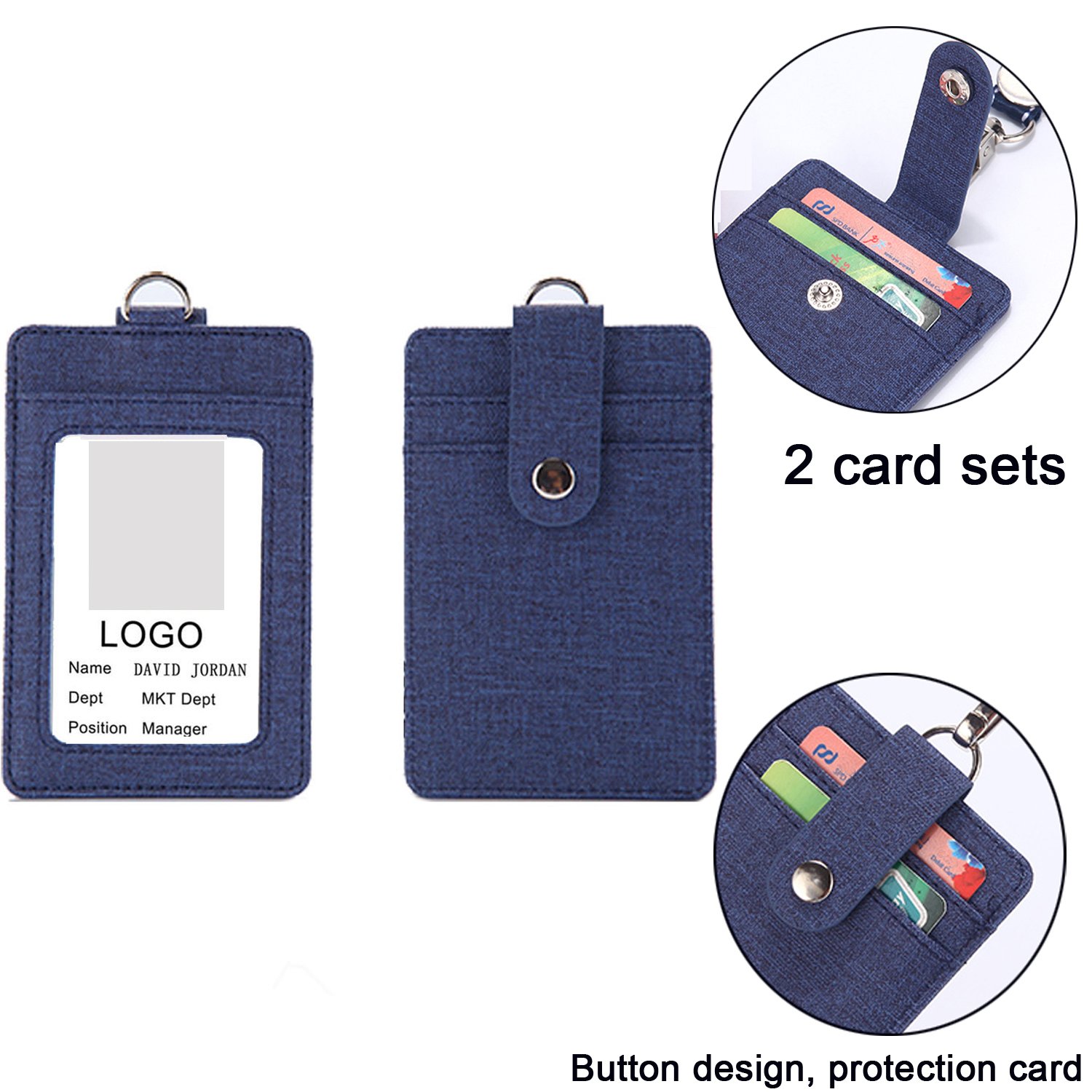 YOUOWO Adjustable Neck Lanyard with PU Leather ID Badge Holder - 2-Sided Vertical Design, 1 Window & 2 Card Slots for Office & Events (Deep Blue)