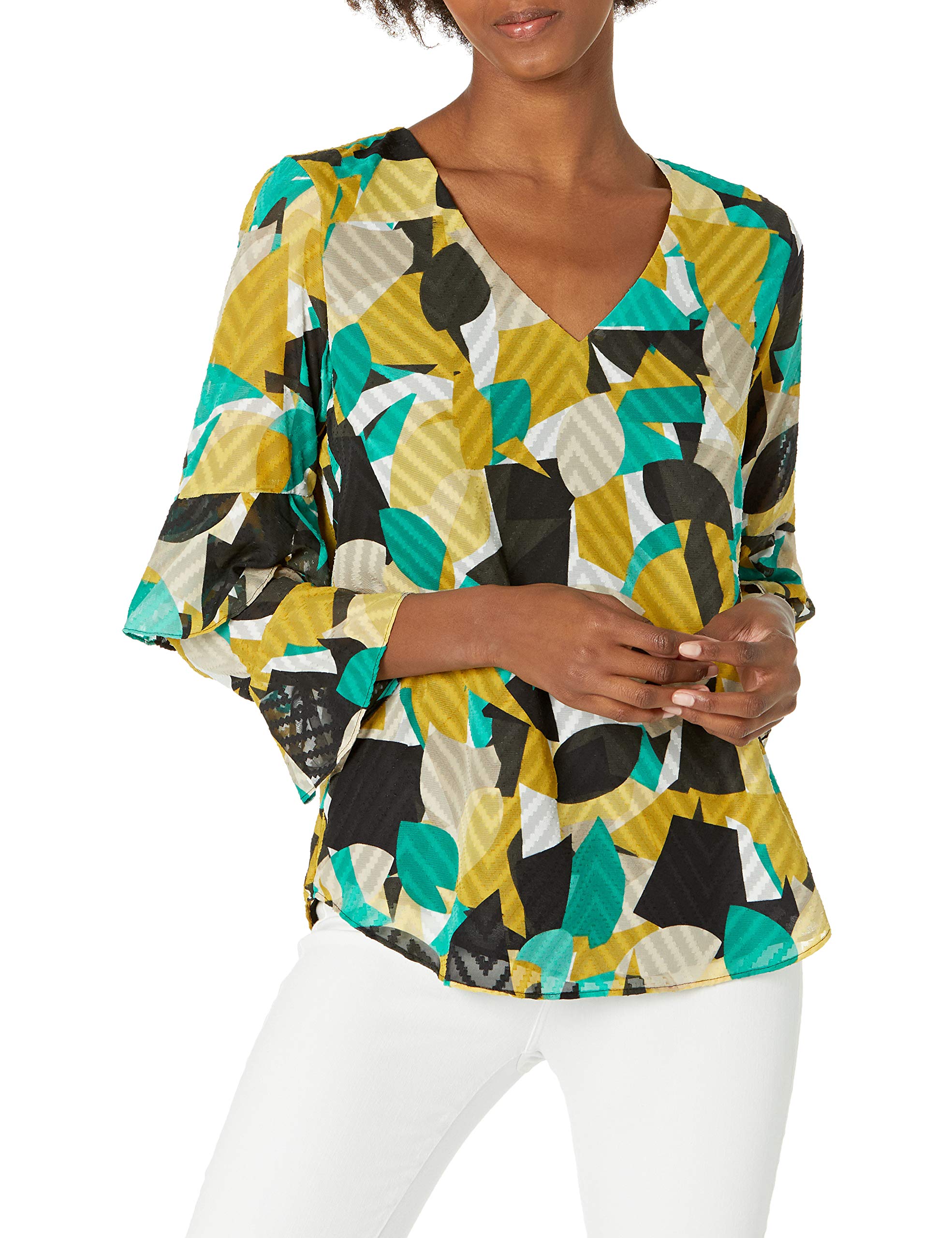Calvin Klein Women's Printed V-Neck Blouse with Ruffle Sleeves | Flowy Casual & Office Wear | Perfect for Work, Date Night & Special Occasions