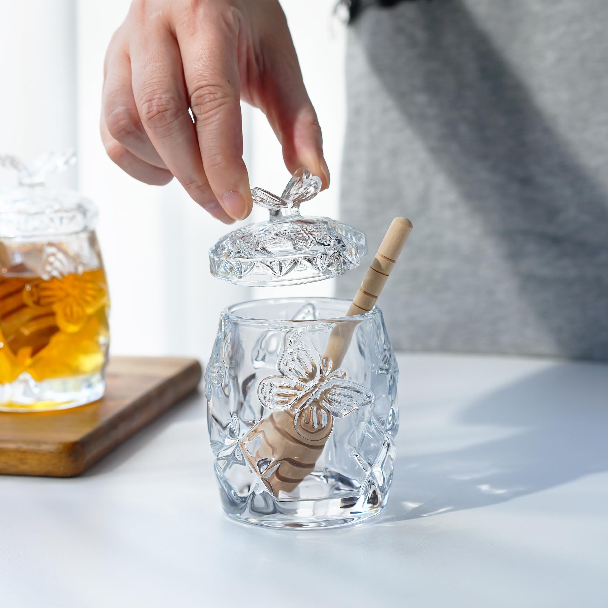 Premium Clear Crystal Honey Jar with Dipper & Lid - 4.5oz Glass Honey Pot for Home Kitchen - Perfect for Tea, Coffee, Breakfast & Gift Giving
