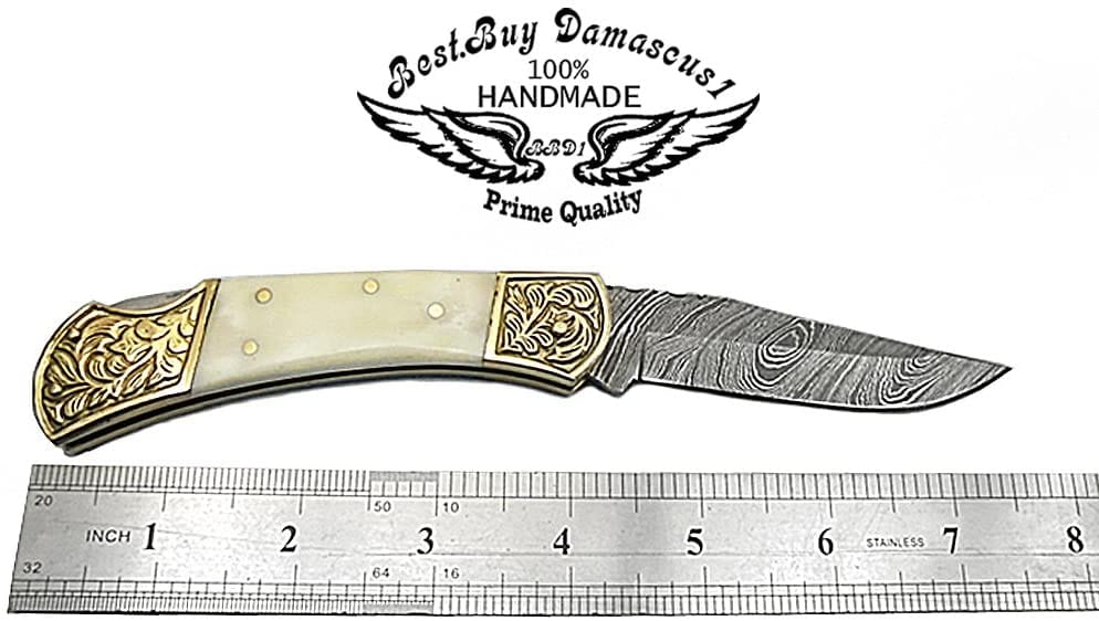 Handmade Damascus Folding Pocket Knife with Camel Bone Handle - 7.5