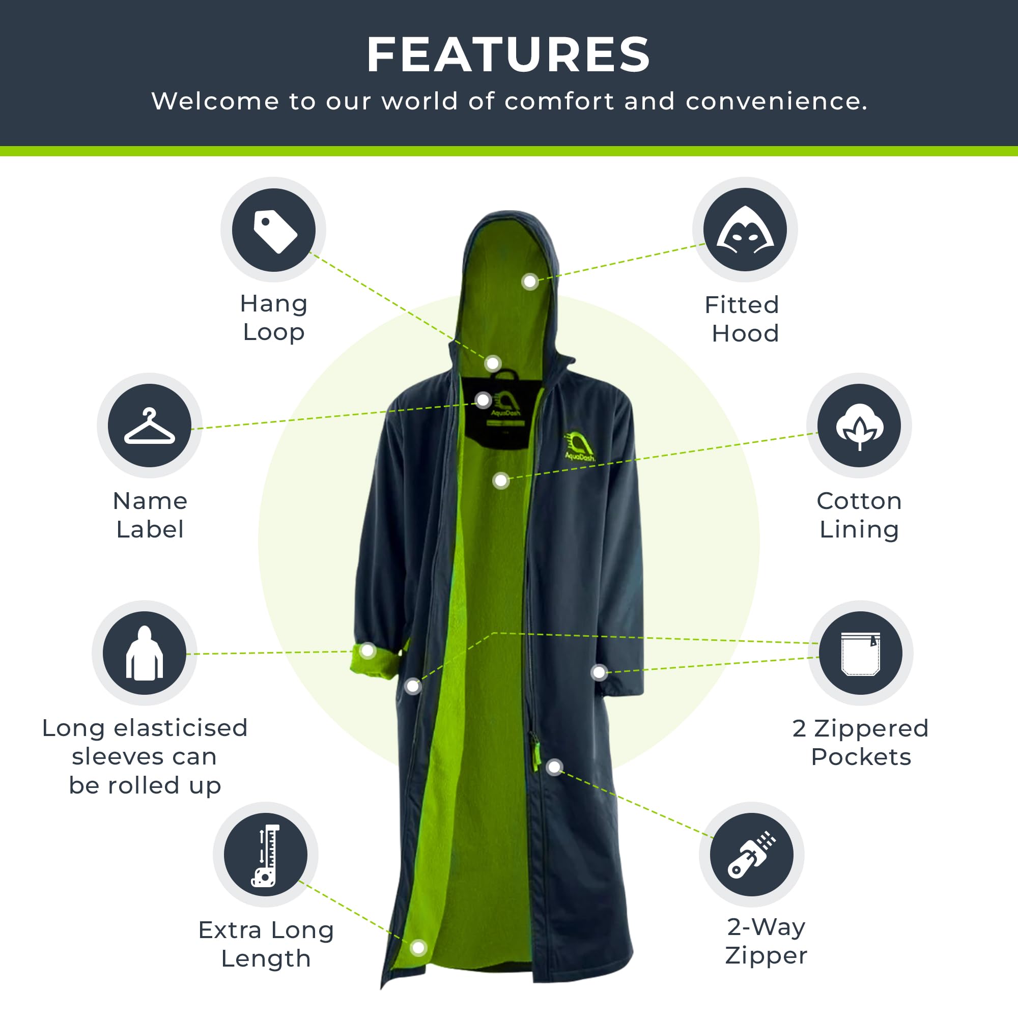 AquaDash Kids Extra Long Swim Parka - Natural Cotton Waterproof Hooded Towel Robe for Boys & Girls - Perfect for Swimming Lessons, Beach, Pool & After-Sport Warmth