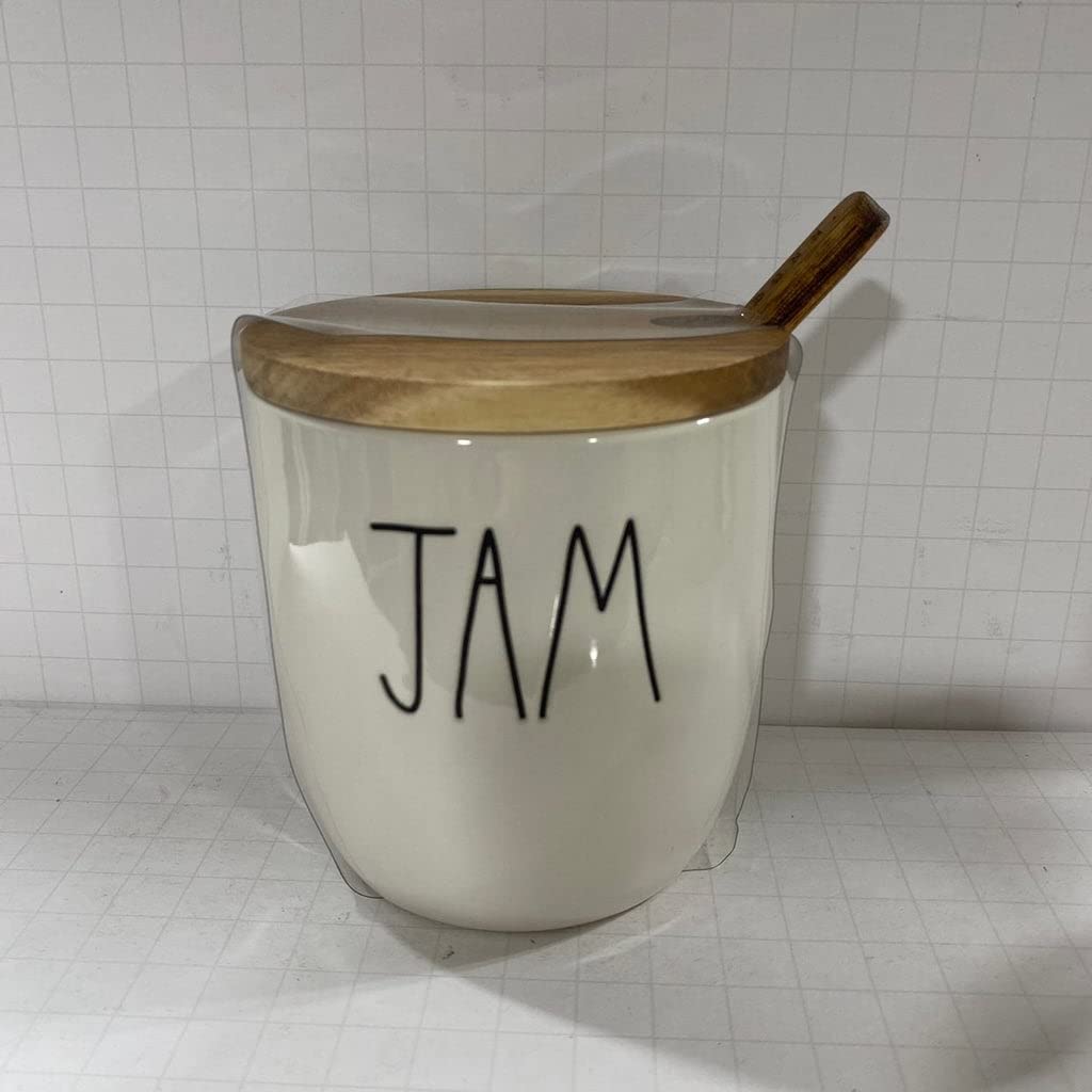 Rae Dunn Ceramic Jam Cellar with Wood Lid - 4x4 Inches - Dishwasher & Microwave Safe - Perfect for Homemade Jams, Honey Storage & Kitchen Countertop Decor