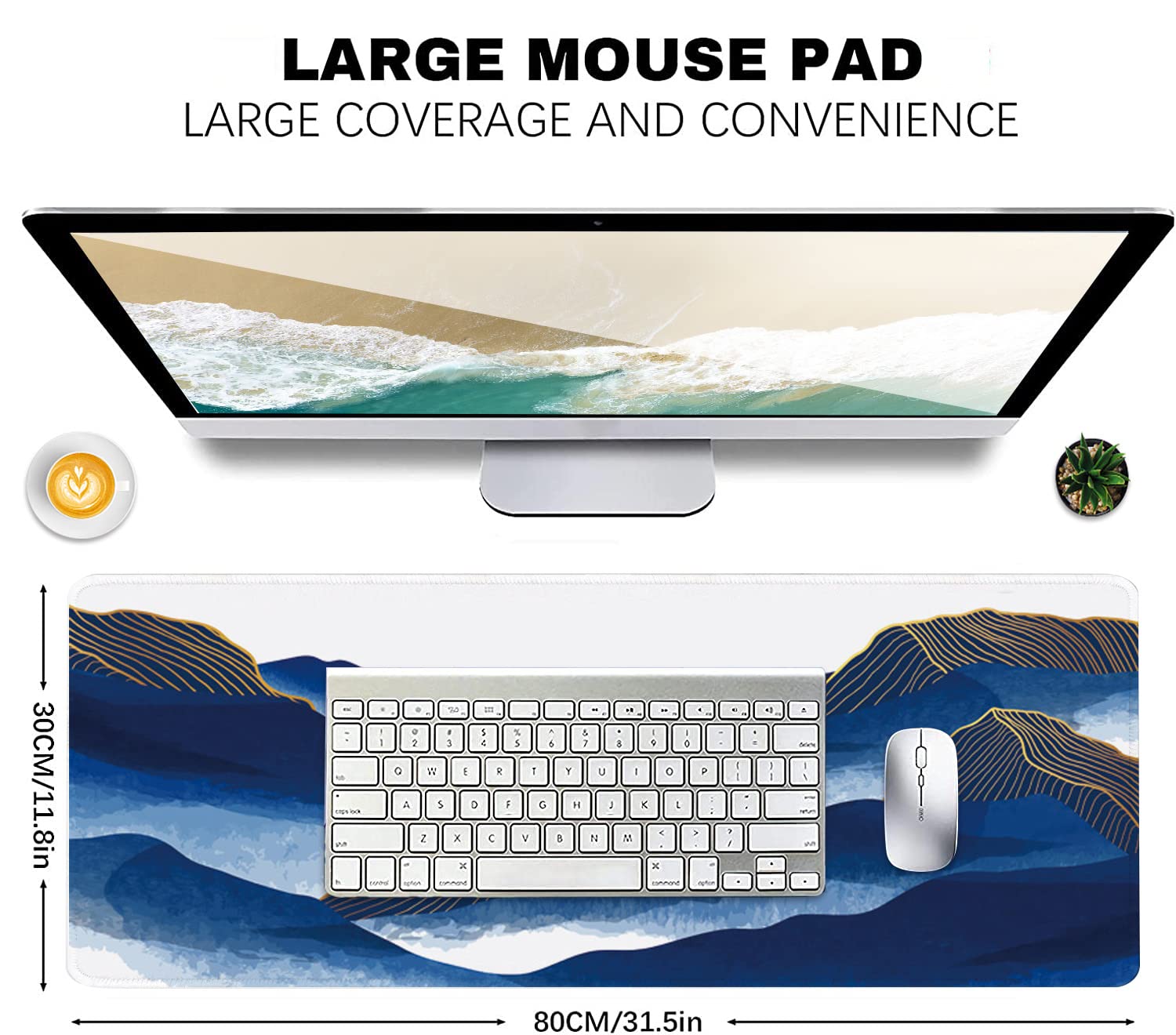 Blue Mountain Golden Line Gaming Mouse Pad - Extra Large Non-Slip Desk Mat (31.5x11.8 Inch) for Office & Home | Watercolor Oriental Design | Perfect for PC, Laptop, Keyboard & Gaming Setup