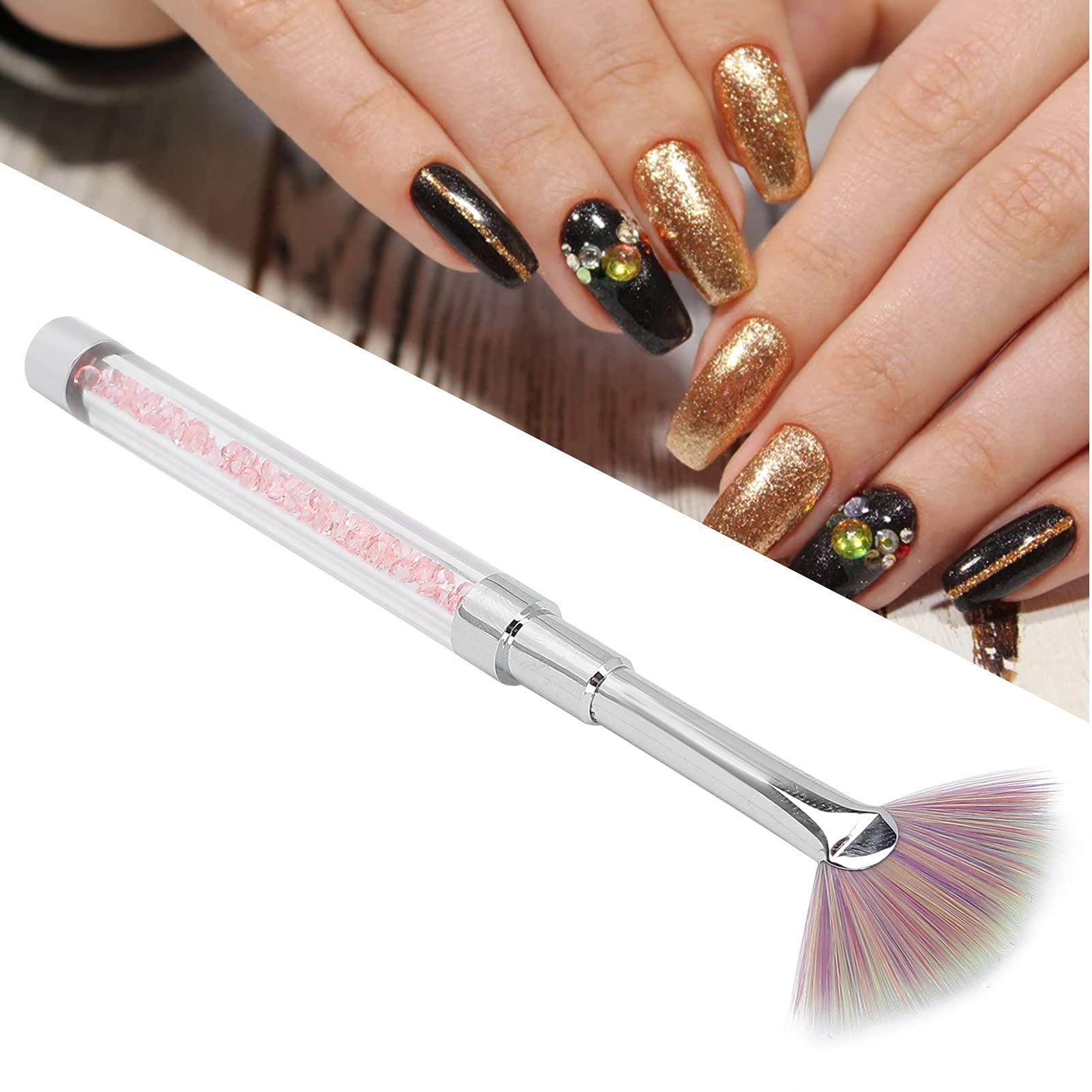 Premium Fan Shape Nail Brush - Nylon Bristle Dust Brush with Rhinestone Handle for Manicure, Nail Art & Glitter Removal | Perfect for Salon Professionals & DIY Nail Care at Home