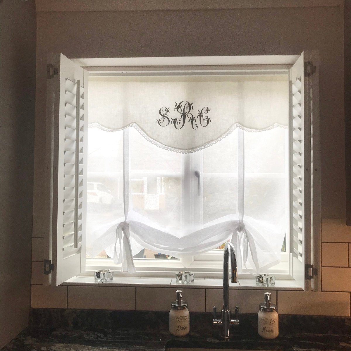 Elegant White Linen French Monogram Tie-Up Valance Curtain for Bedroom & Living Room Window Decor