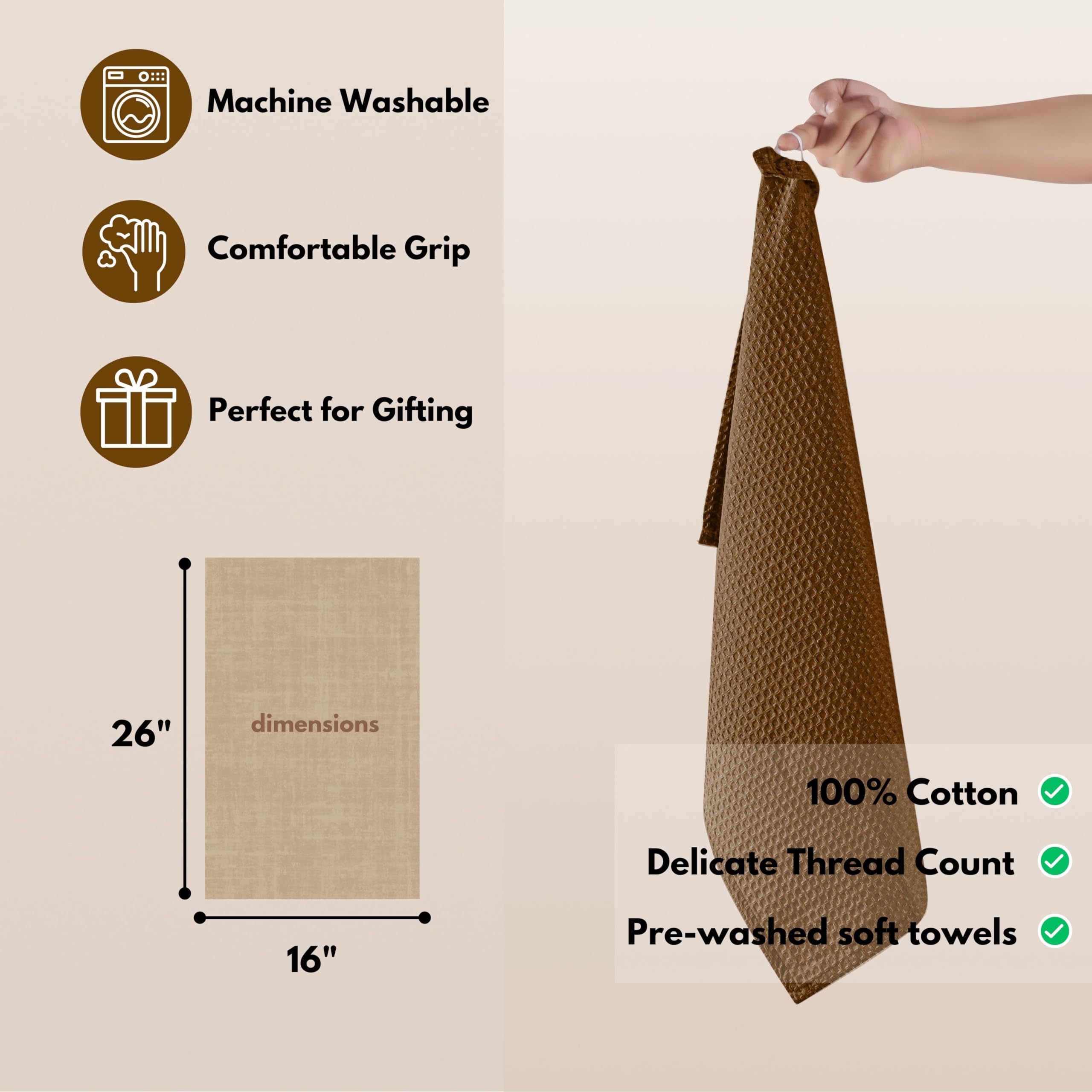12-Pack 100% Cotton Waffle Weave Dish Towels - 16x26 Inches Absorbent & Durable Kitchen Towels for Easter, Bar, Cleaning & Tea - Washable with Hanging Loop (Brown) - Perfect for Holiday Decor, Dish Drying & Counter Cleaning