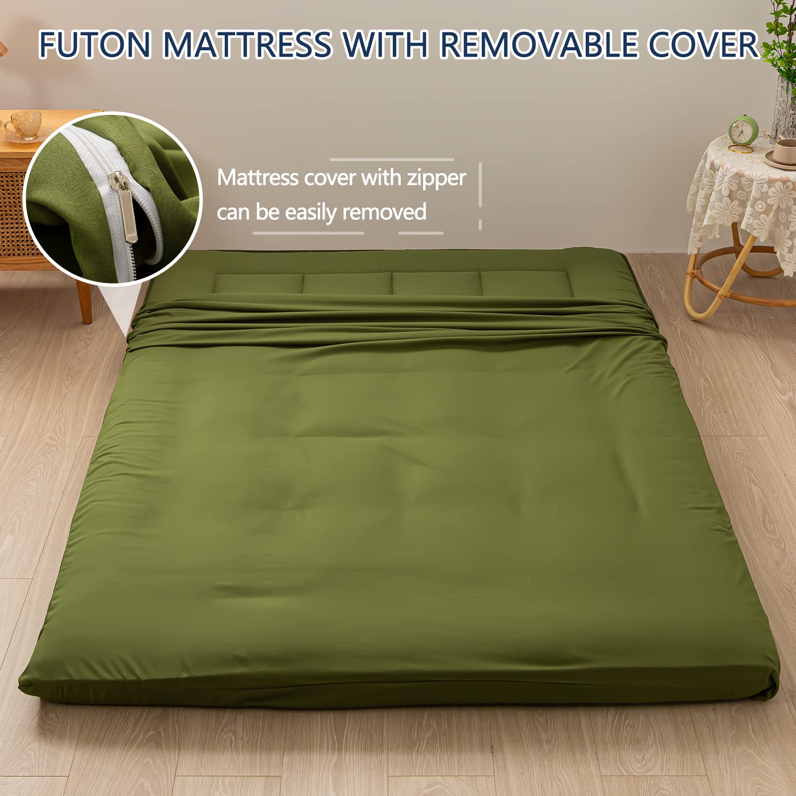 MAXYOYO Japanese Floor Mattress for Adults - 4 Inch Thick Roll Up Futon Mattress (Shikibuton) in Green | Portable Floor Bed for Guest Room, Camping & Small Space Living