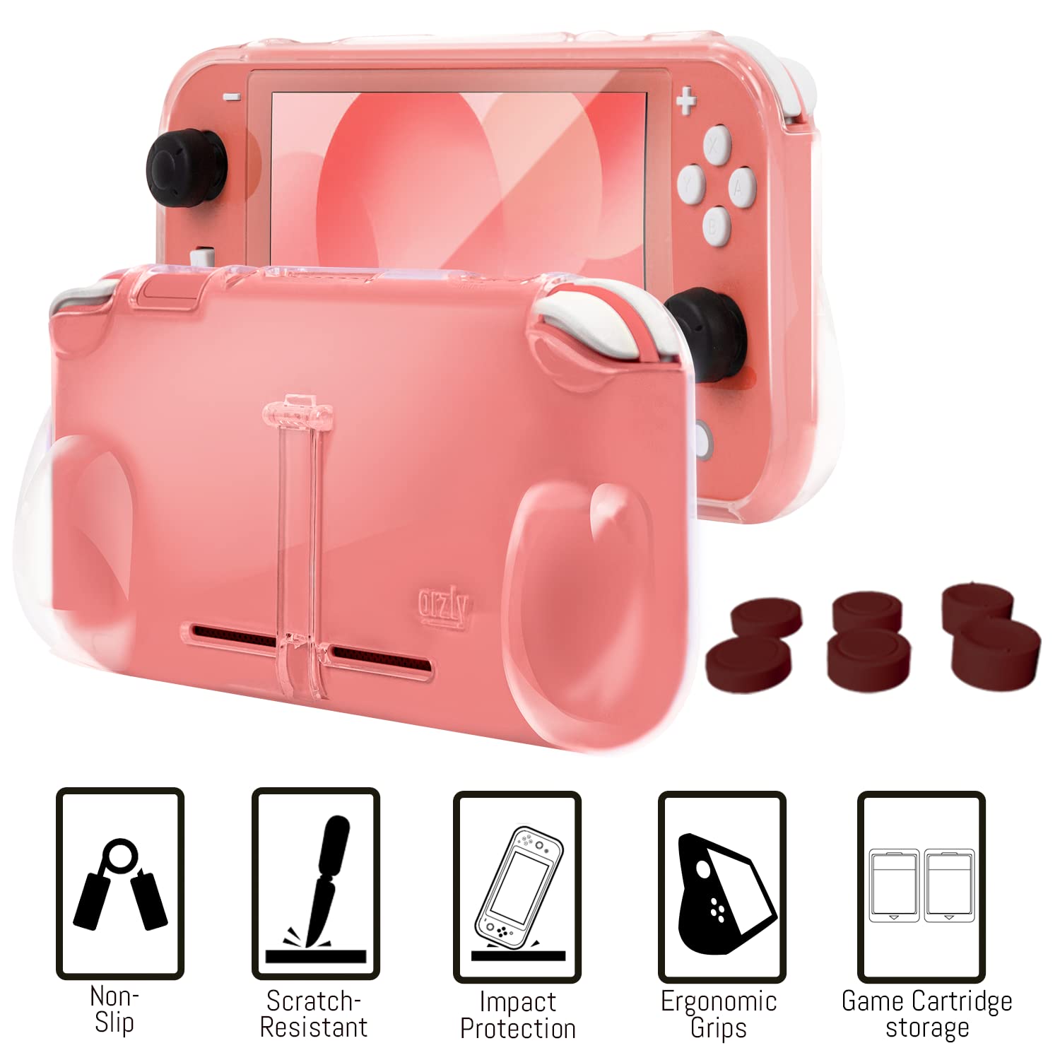 Orzly Nintendo Switch Lite Accessories Kit - Includes: Protective Case, Screen Protector, Grip Cover, USB Cable, Headphones & More [Coral] - Perfect for Gaming On-The-Go & Travel Protection