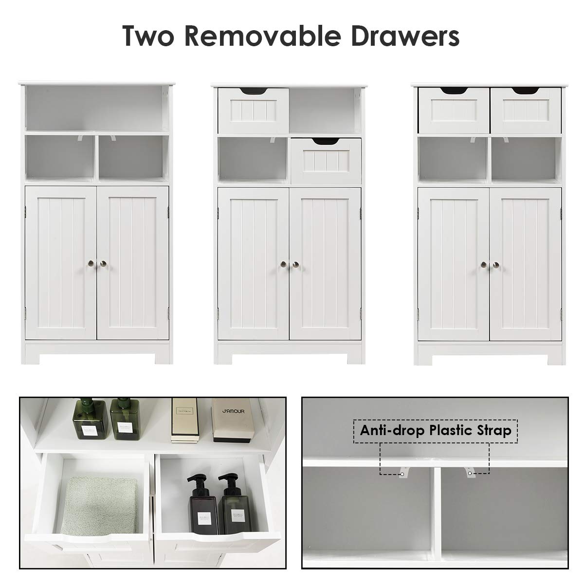 Tangkula White Bathroom Floor Cabinet with Open Shelf, 2 Doors & 2 Adjustable Drawers - Storage Organizer for Bathroom, Kitchen, Living Room & Home Office - Perfect for Towels, Toiletries & Home Decor Organization