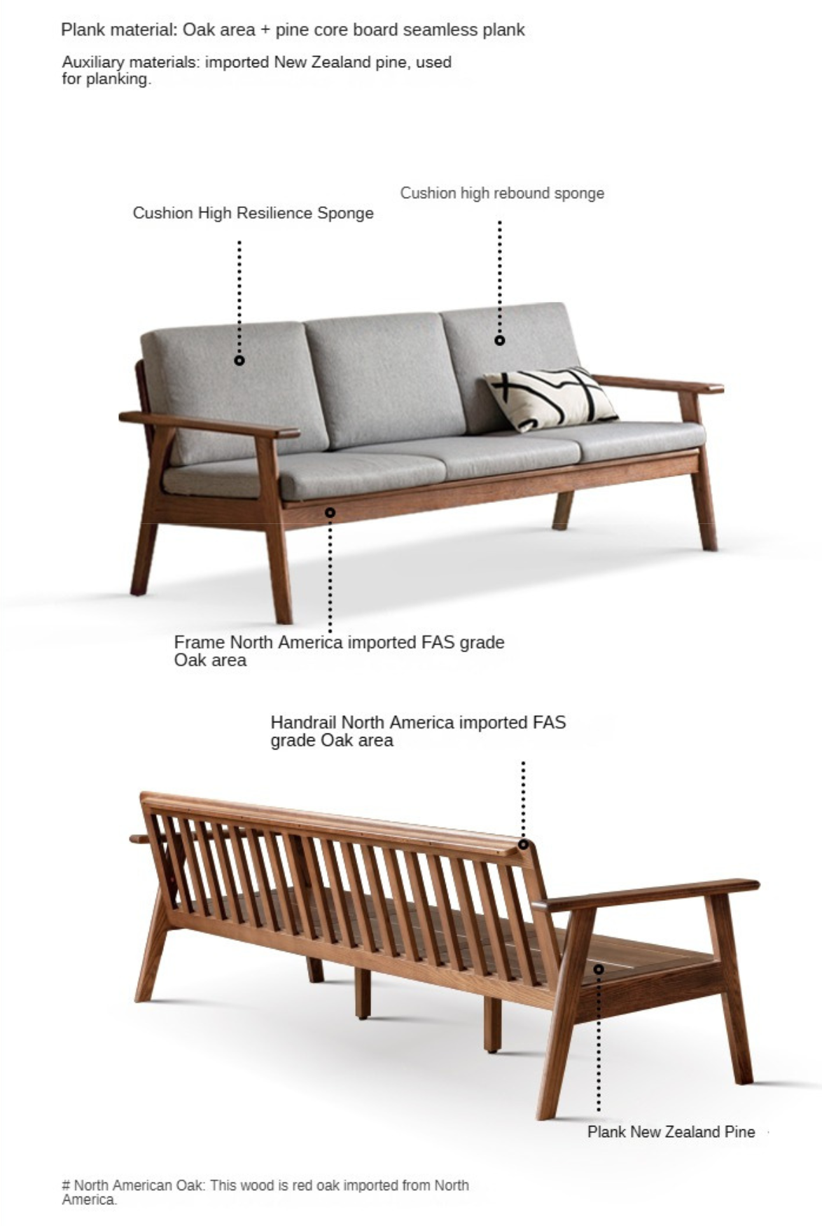 Solid Oak Wood Straight Sofa - 4 Fabric Color Options for Living Room, Office & Lounge Areas