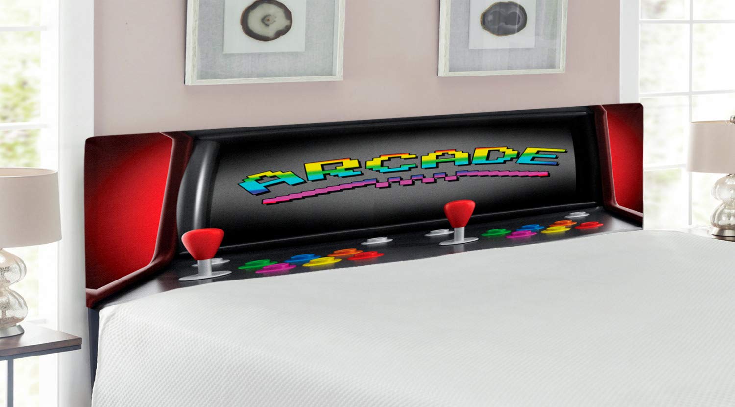 Ambesonne Retro Arcade Gaming Headboard King Size - Vintage 80s 90s Video Game Theme with Joystick Buttons, Upholstered Metal Bed Frame with Memory Foam, Multicolor - Perfect for Gamers' Bedroom Decor & Man Cave Setup
