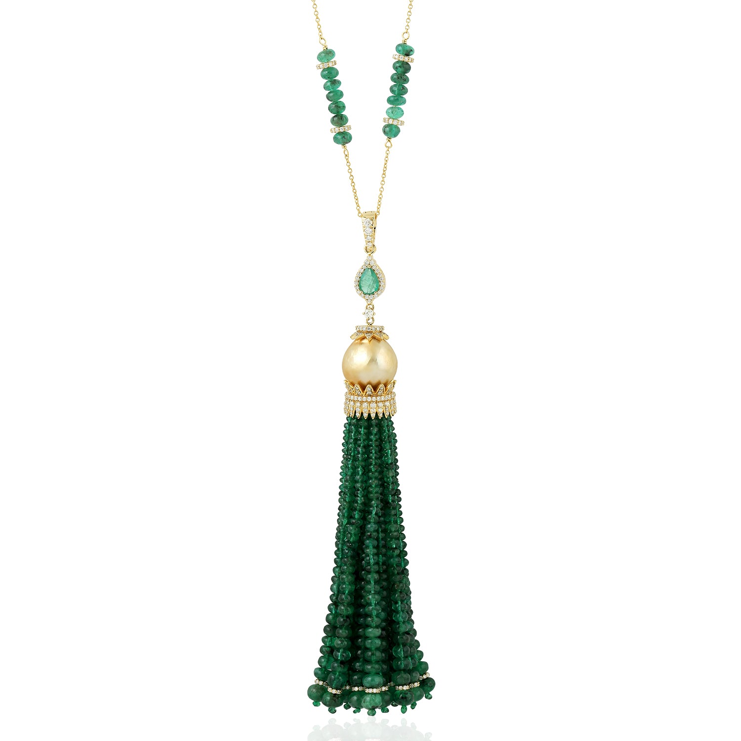 Faceted Emerald Pearl Beads Gemstone Diamond Yellow Gold Tassel Necklace - Elegant Jewelry for Women, Perfect for Weddings, Parties & Special Occasions