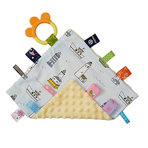 **Soft Baby Security Blanket with Colorful Taggies & Silicone Teether - Soothing Comfort Blanket for Infants & Toddlers - Sailboat Design Plush Hand Towel for Playtime, Naptime & Travel**