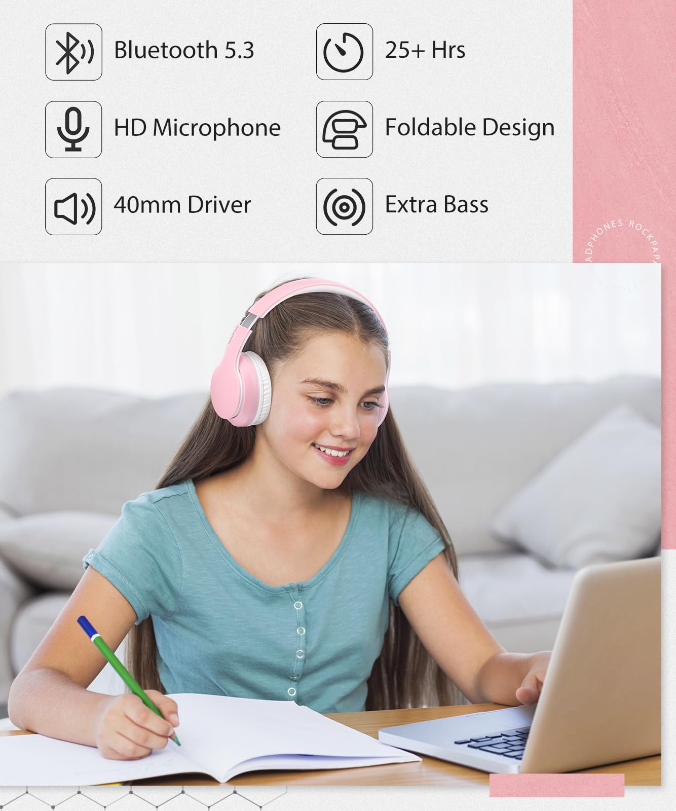 Rockpapa E7 Bluetooth Headphones Over Ear - Wireless Headphones with Built-in Mic, HiFi Stereo Sound, Foldable & Lightweight Design for School, Work, Travel, Gaming, PC & TV Use (Pink White) - Perfect for Commuting, Office Work & Home Entertainment
