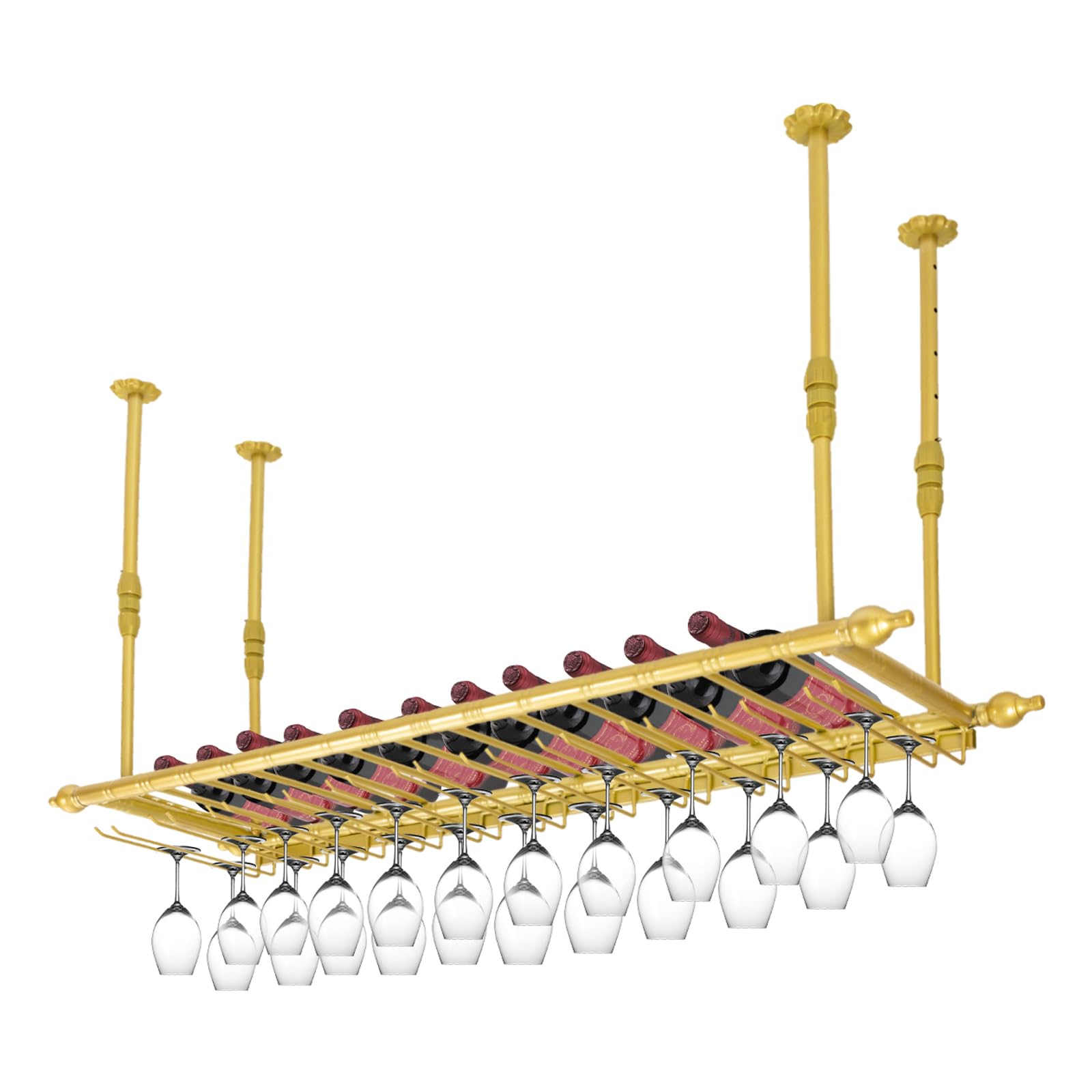 Rustic Wall Mounted Wine Rack with Adjustable Glass Holder & Hanging Bar - Ceiling Mount Wine Storage for House, Hotel, Bar & Kitchen - Perfect for Dining Room, Wine Cellar & Entertaining Guests