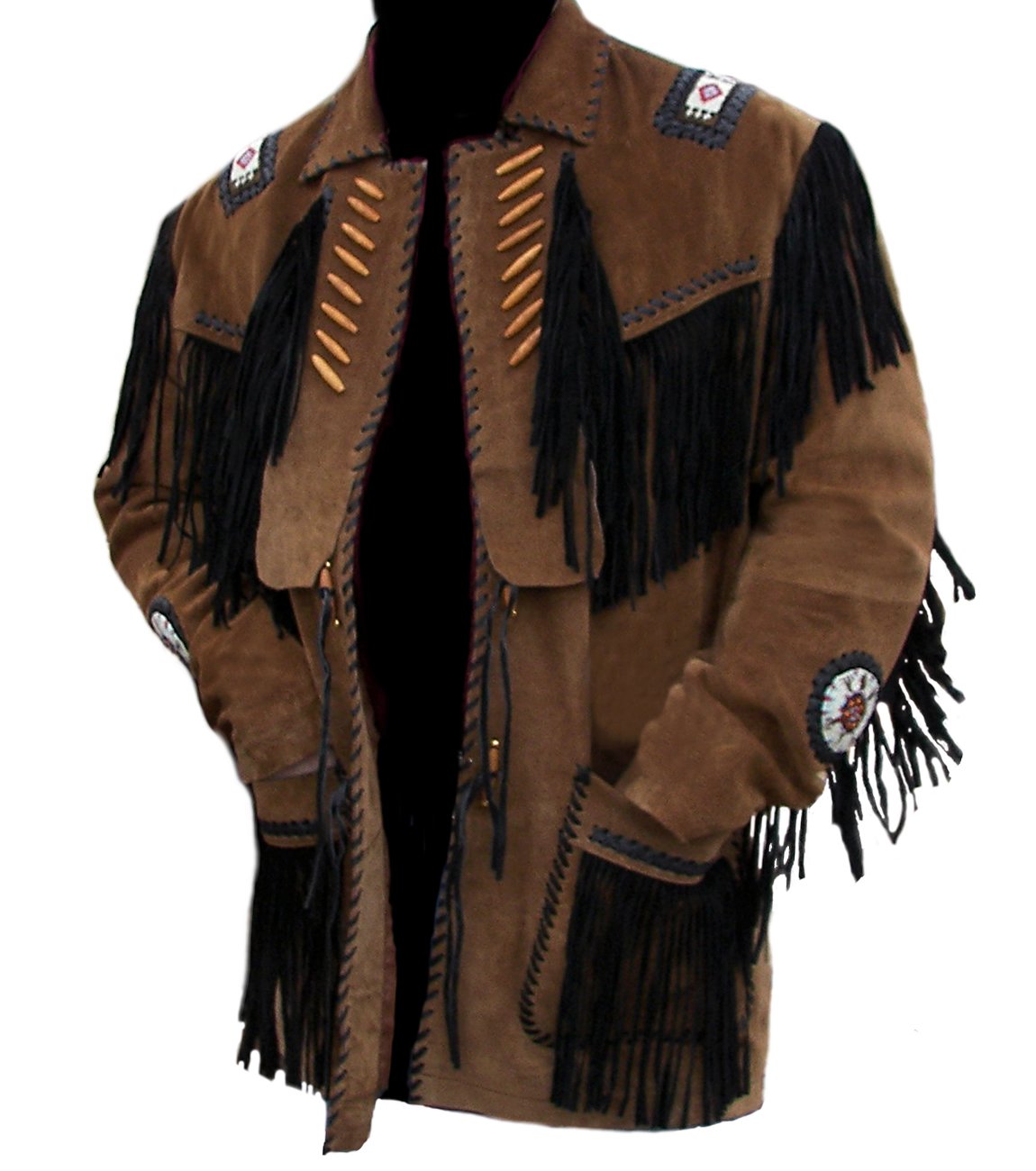 Classyak Men's Cowboy Western Suede Coat - Fringed Beaded Leather Jacket with Bone Decor | Vintage Rodeo Style for Country Music Festivals & Western Events