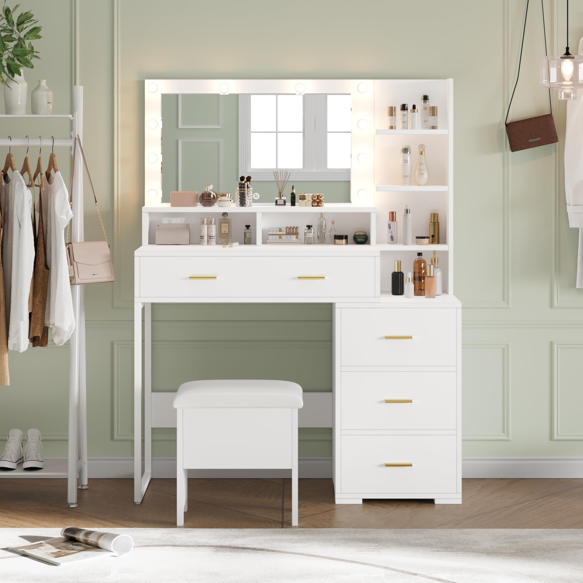 Vanity Desk with Mirror & 9 LED Lights - 5 Drawers & 3 Open Shelves Makeup Dressing Table for Bedroom, Perfect for Makeup, Skincare & Jewelry Organization