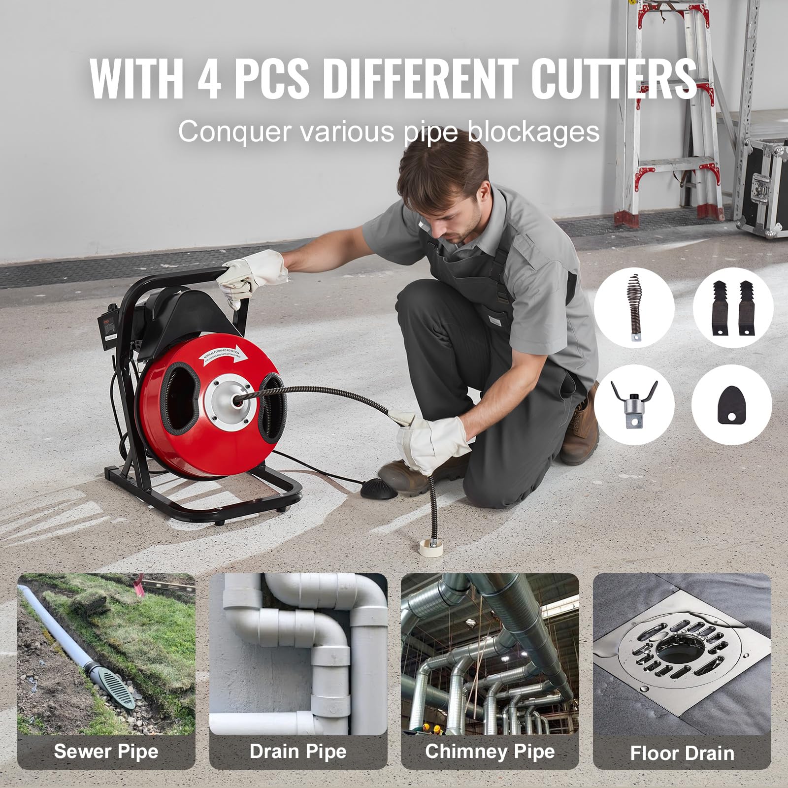 VEVOR 50FT x 1/2Inch Electric Drain Cleaner Machine - Heavy Duty Sewer Snake Auger with 4 Cutter Heads & Foot Switch for 2