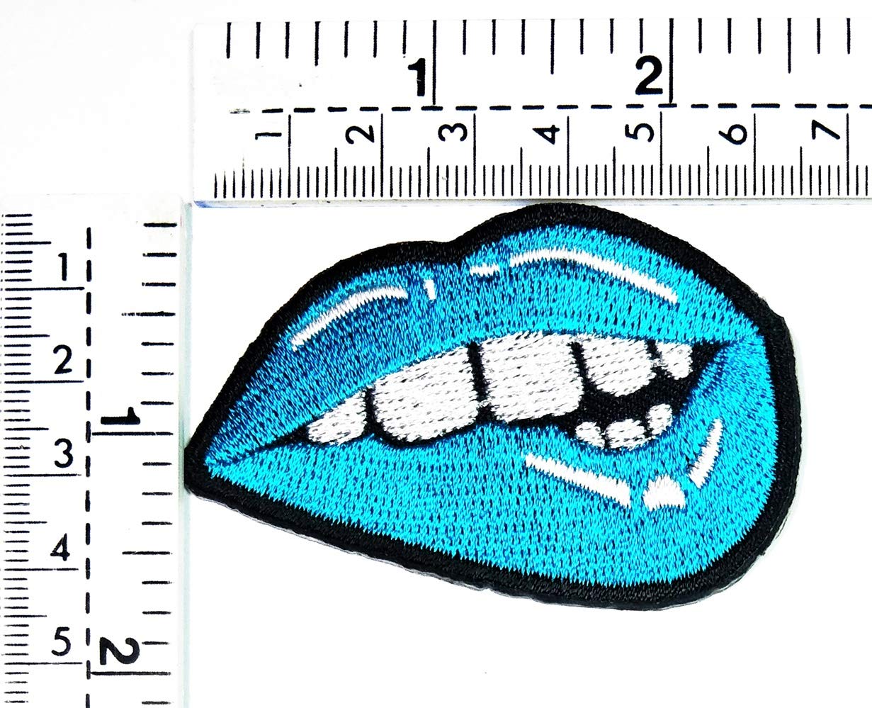 Blue Kiss Sexy Lips Mouth Bite Cartoon Embroidery Patch - Iron On & Sew On Badge for Jeans, Jackets, Polo Shirts, Hats & Backpacks - Fun DIY Accessory for Fashion & Costume Design