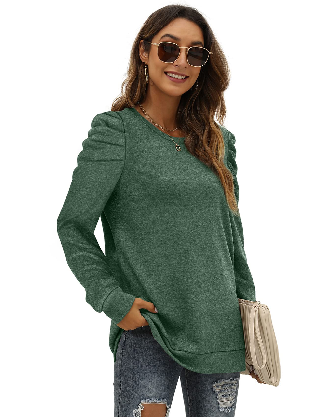 Trendy Women's Puff Sleeve Crewneck Sweatshirt - Loose Fit Tunic Sweater for Fall | Casual Outfits, Layering & Cozy Everyday Wear