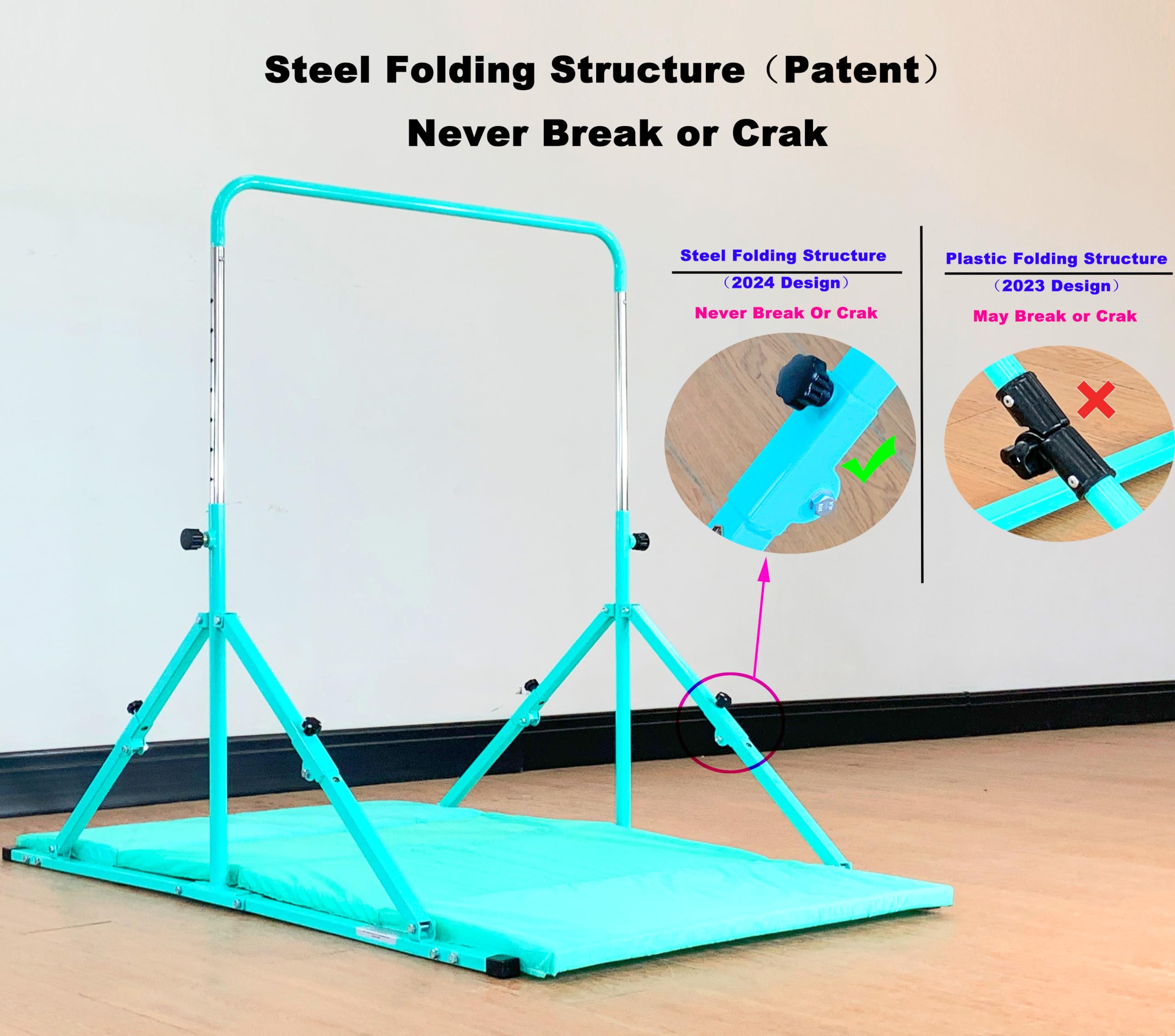 Upgrade Foldable Gymnastic Bar with Mat for Kids Ages 3-12 | 200 lbs Weight Capacity | Adjustable Height Kip Bar | Home & Gym Training Equipment | Perfect for Backyard Play, Indoor Gymnastics Practice & Kids Fitness Training