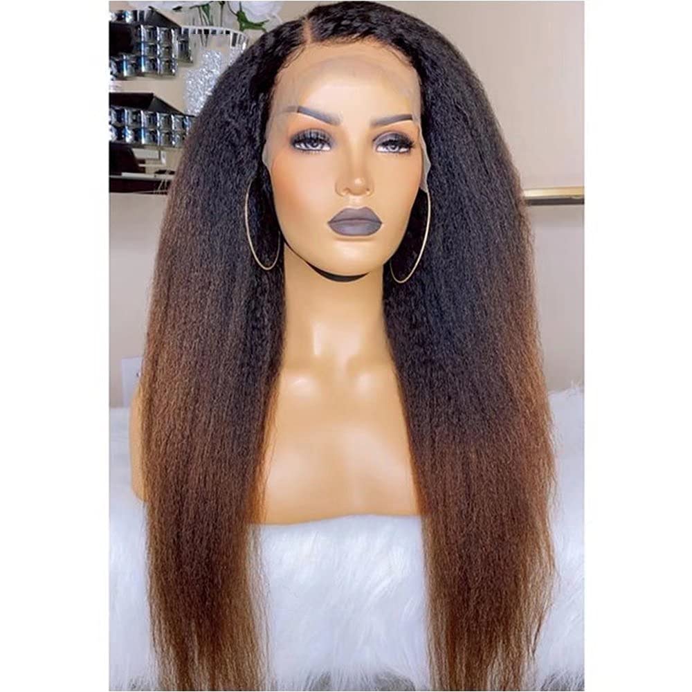 1B/30 Ombre Kinky Straight Human Hair Wig - 360 HD Transparent Lace Front - 150% Density Yaki Straight Brazilian Hair - Glueless Full Lace Wig for Women (14 Inch) - Perfect for Daily Wear, Parties & Special Occasions