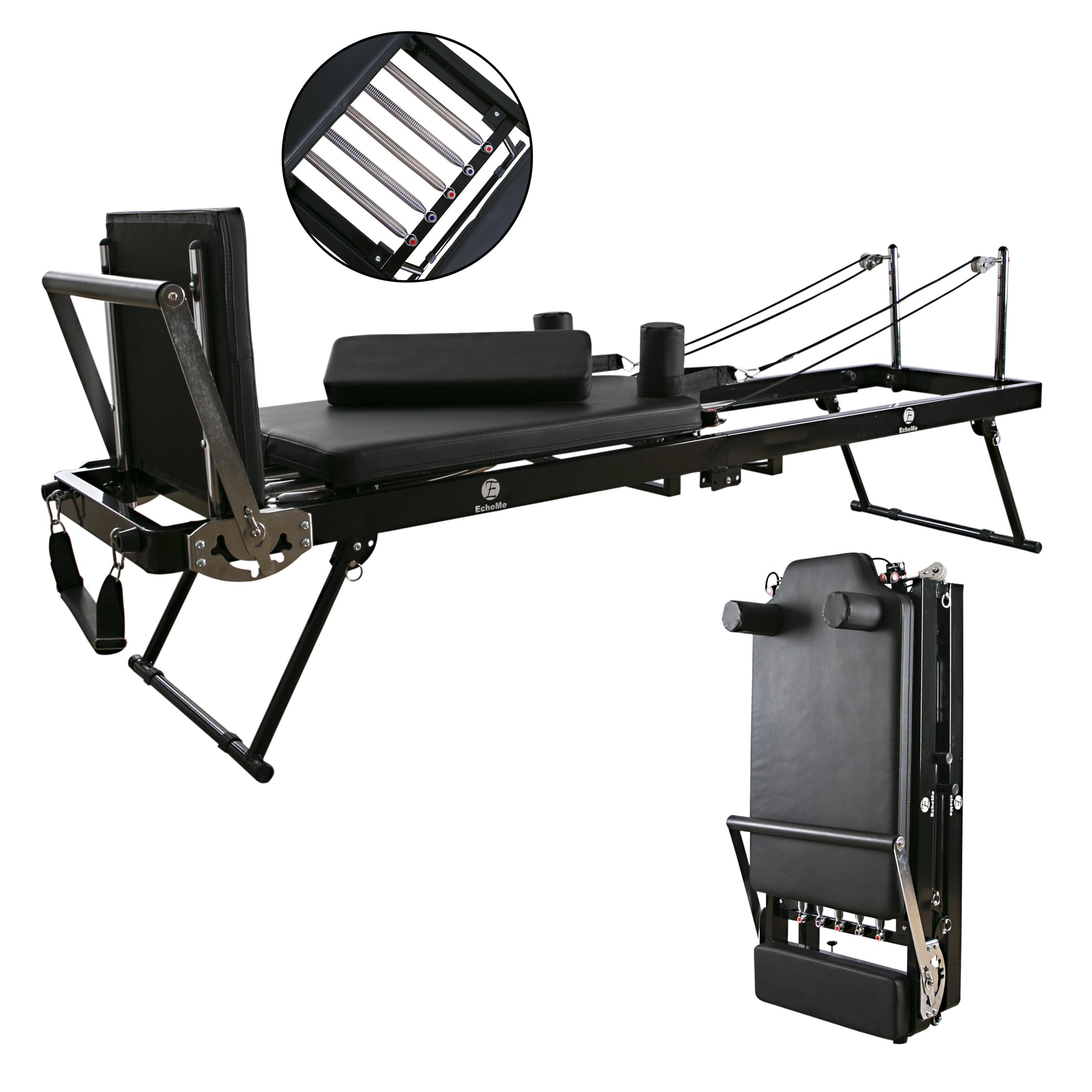 EchoMe Foldable Pilates Reformer Machine for Home Gym - Alloy Spring Resistance, Extended Length (Dark) - Perfect for Home Workouts & Pilates Training