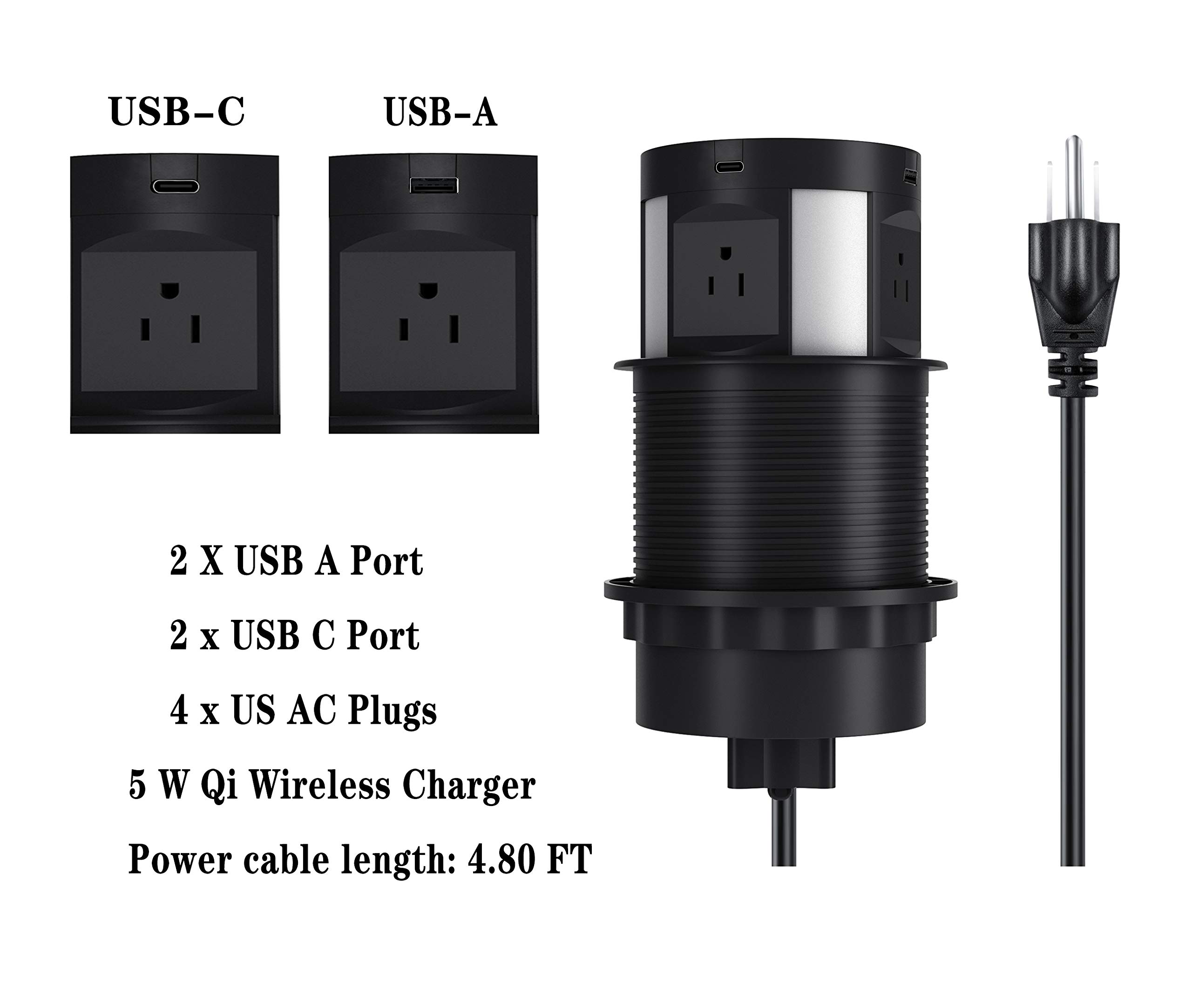 ETL Certified Automatic Pop-Up Outlet with 4 AC Outlets, 2 USB-A & 2 USB-C Ports - Recessed Power Strip with Wireless Charging for Kitchen Countertops, Conference Tables & Workbenches | Space-Saving Electrical Solution for Home & Office