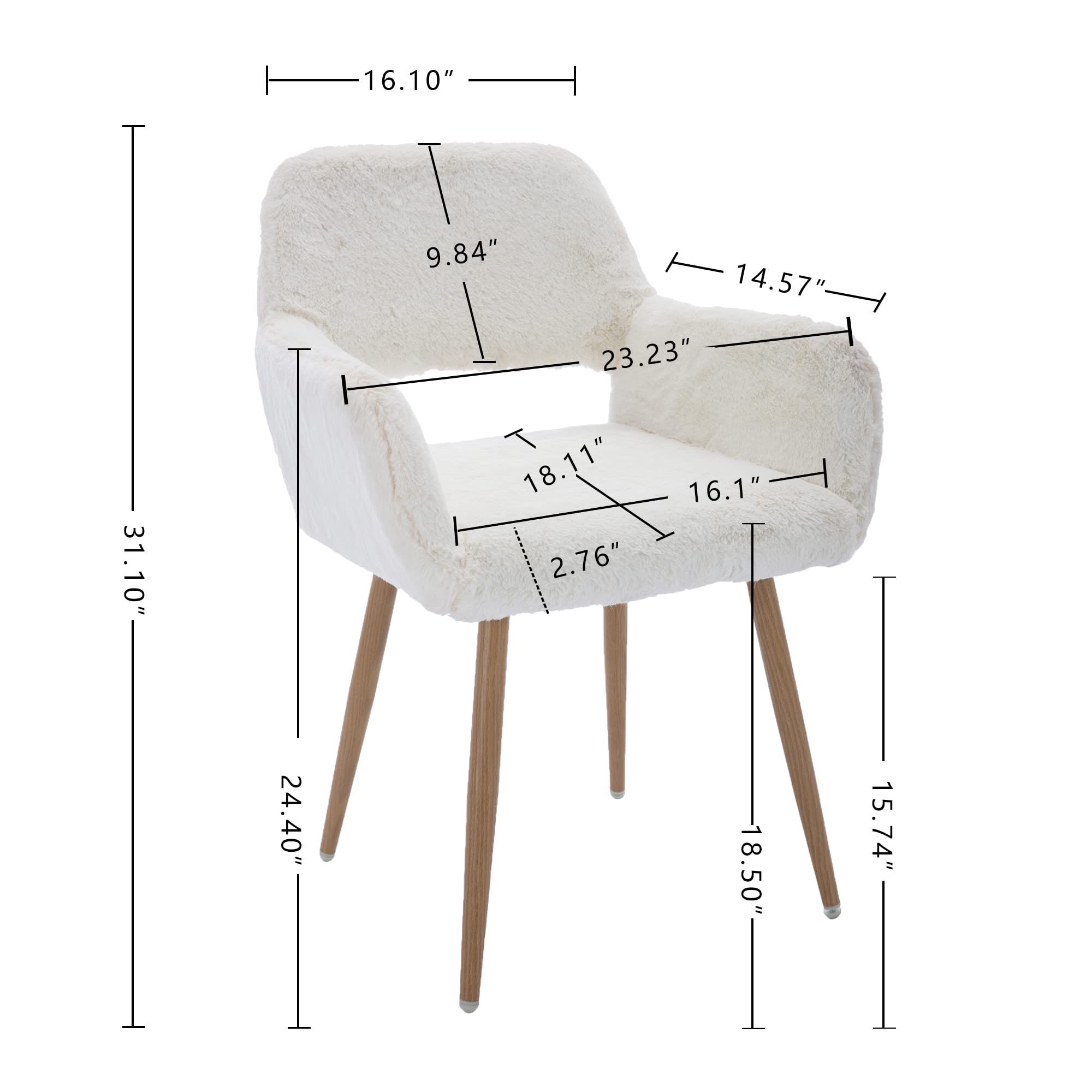 Mid-Century Modern Faux Fur Desk Chair Set of 2 - Comfy Accent Armchair with Wood-Look Metal Legs for Living Room, Dining Room, Home Office & Vanity - Perfect for Teen Girls Bedroom & Makeup Area (White, No Wheels)