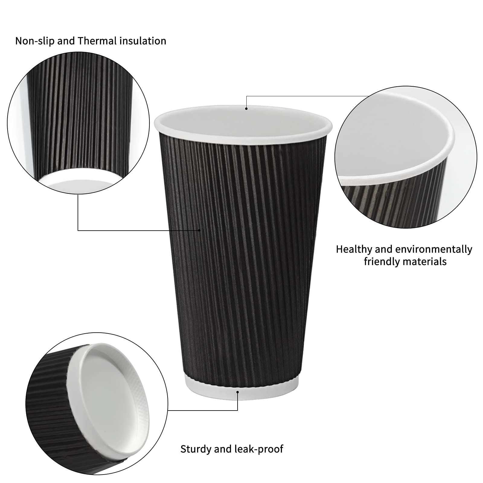 16oz Disposable Paper Coffee Cups with Lids (100 Pack) - Insulated Double Wall Ripple Design with Sleeves for Hot & Cold Beverages - Perfect for Coffee Shops, Office Use, Travel, Parties, and Catering Events
