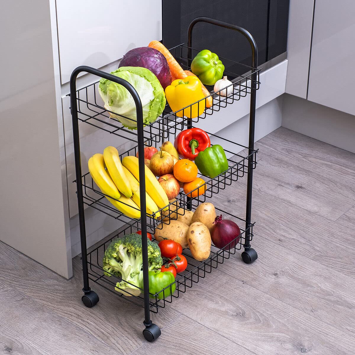 3-Tier Rolling Kitchen Storage Cart - Black Organizer Basket for Fruits, Vegetables, Books & Tools | Space-Saving Mobile Trolley for Pantry, Office, Dorm & Garage Organization