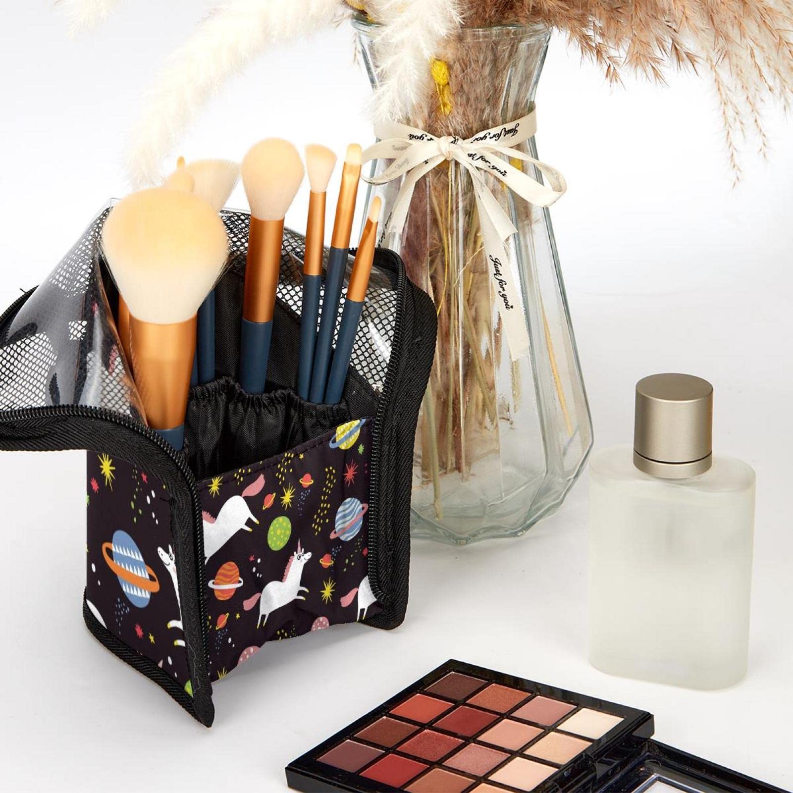 12-Piece Makeup Brush Organizer Bag with Space Planet & Unicorn Design - Portable Cosmetic Brush Holder Case for Travel, Home Vanity & Professional Makeup Artists