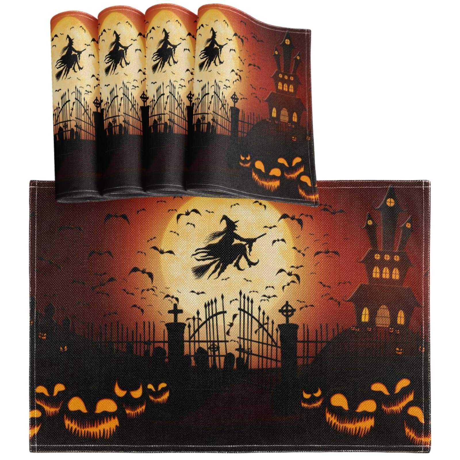 Oarencol Halloween Placemats Set of 4 - Witch, Broom, Castle & Pumpkin Design - Heat-Resistant & Washable Kitchen Table Mats for Spooky Dining Decor | Perfect for Halloween Parties, Dinner Tables & Seasonal Home Decoration