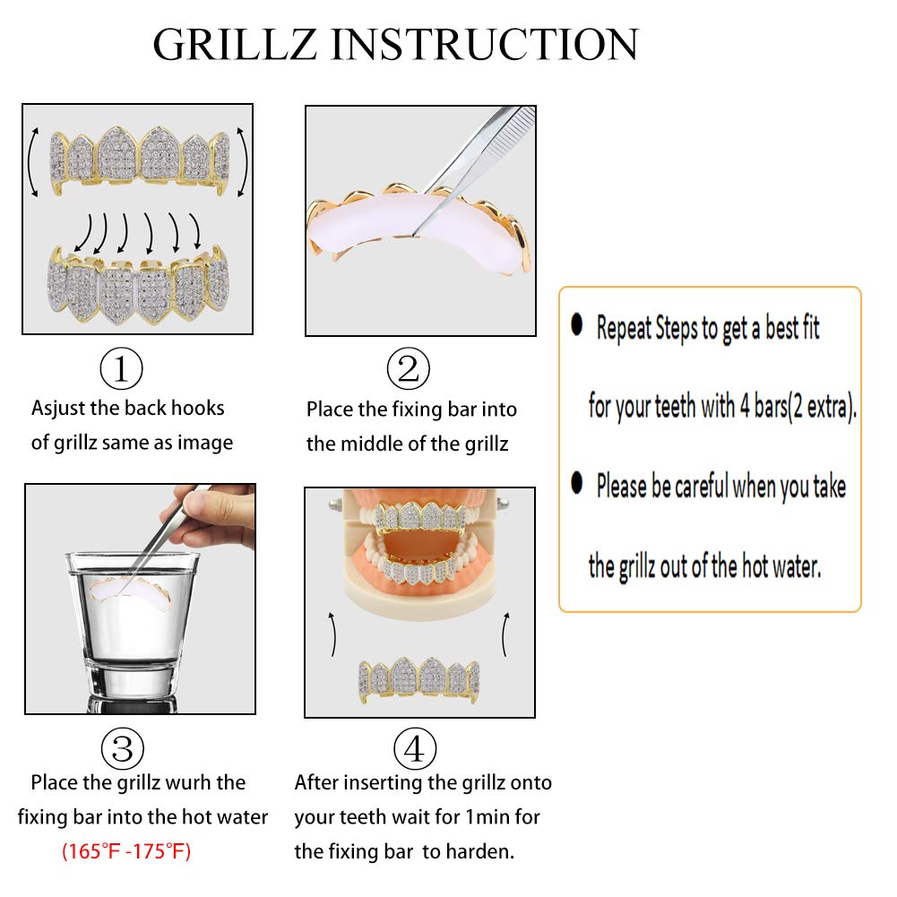 18K Gold Plated Iced Out Simulated Diamond Teeth Grillz - 8 Top & Bottom Dental Grills with Extra Molding Bars | Perfect for Hip Hop Fashion, Rappers, and Special Events