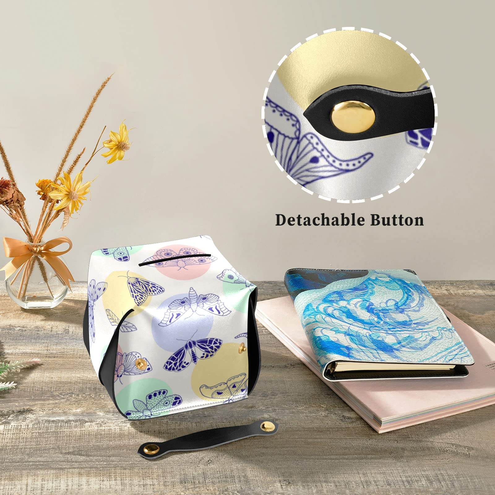 Butterfly Moth Pattern PU Leather Tissue Box Cover with Handle - Decorative Rectangular Tissue Holder for Bedroom, Bathroom, Living Room | Home Decor & Gift Idea